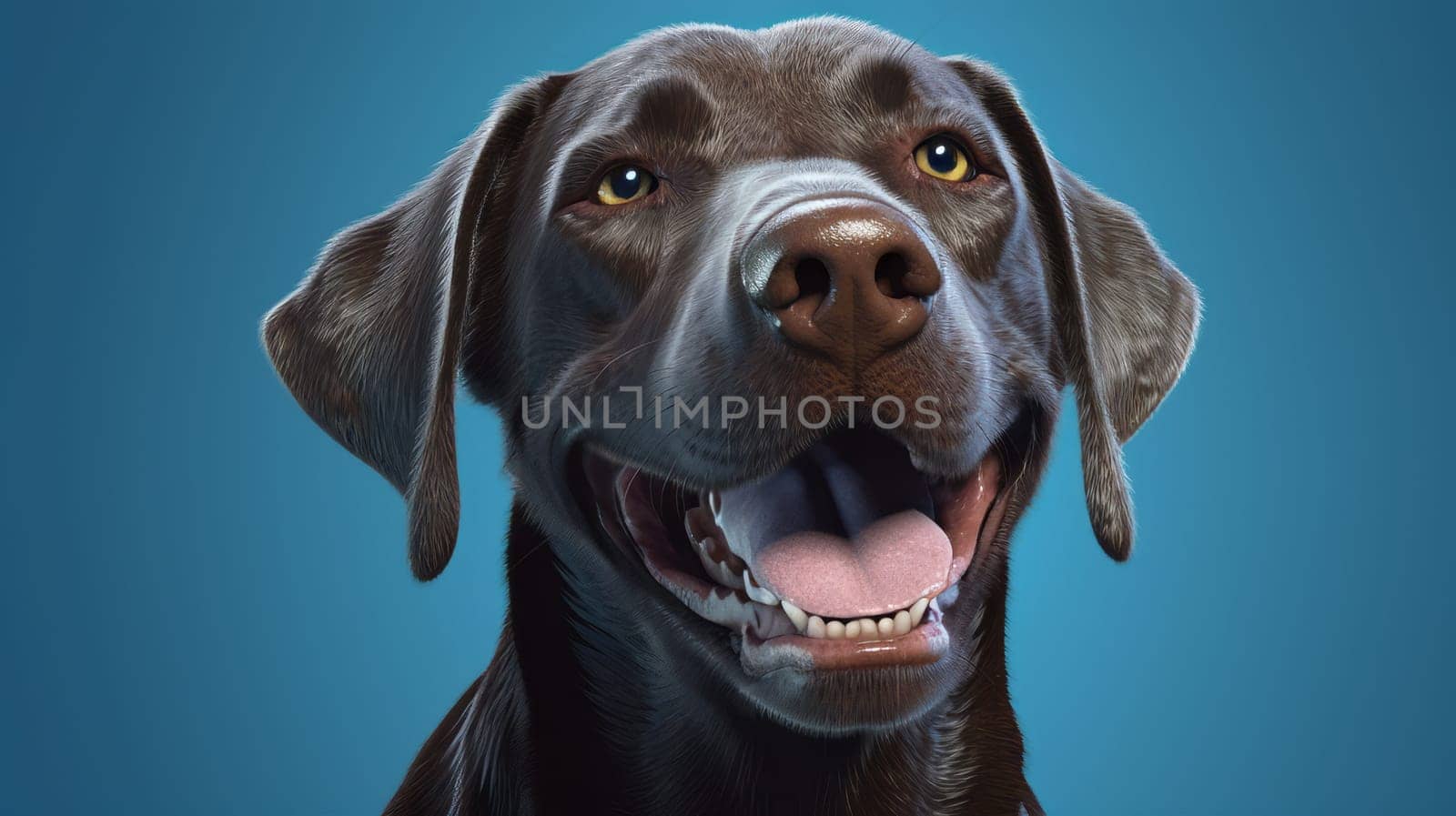 Funny portrait of happy black dog with opened mouth on Isolated blue background, looks away.