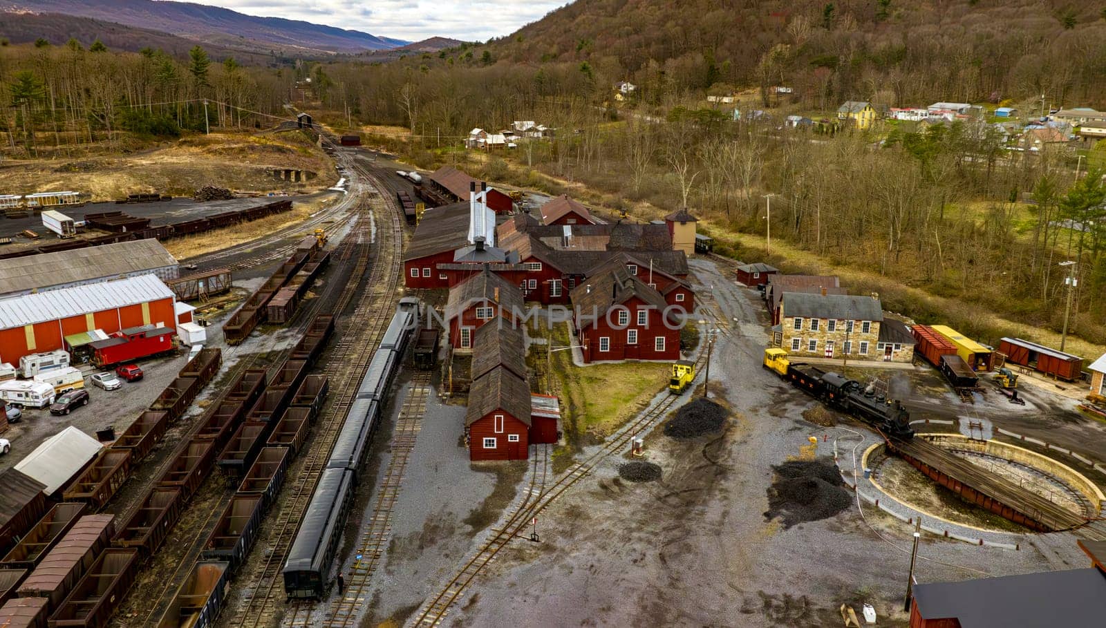 Rockhill Furnace, Pennsylvania, April 2, 2023 - Early Morning, Getting Ready - Aerial of Locomotive 16 Narrow Gauge Steam Locomotive