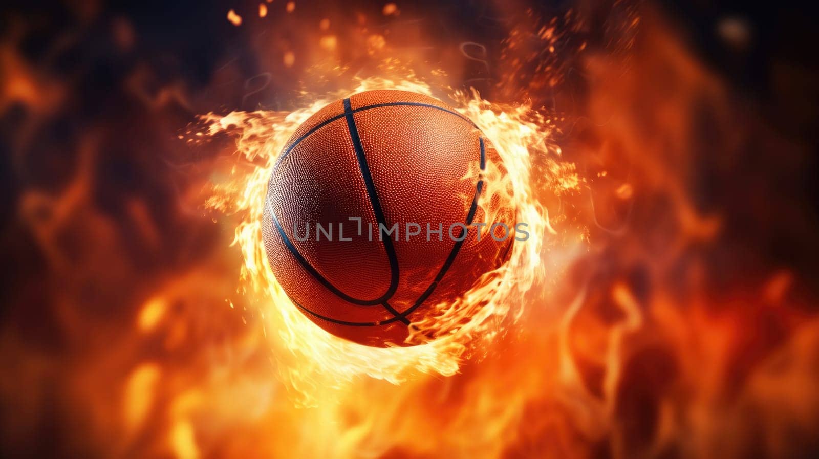 Basketball ball on fire on black background. Background for sporting events AI