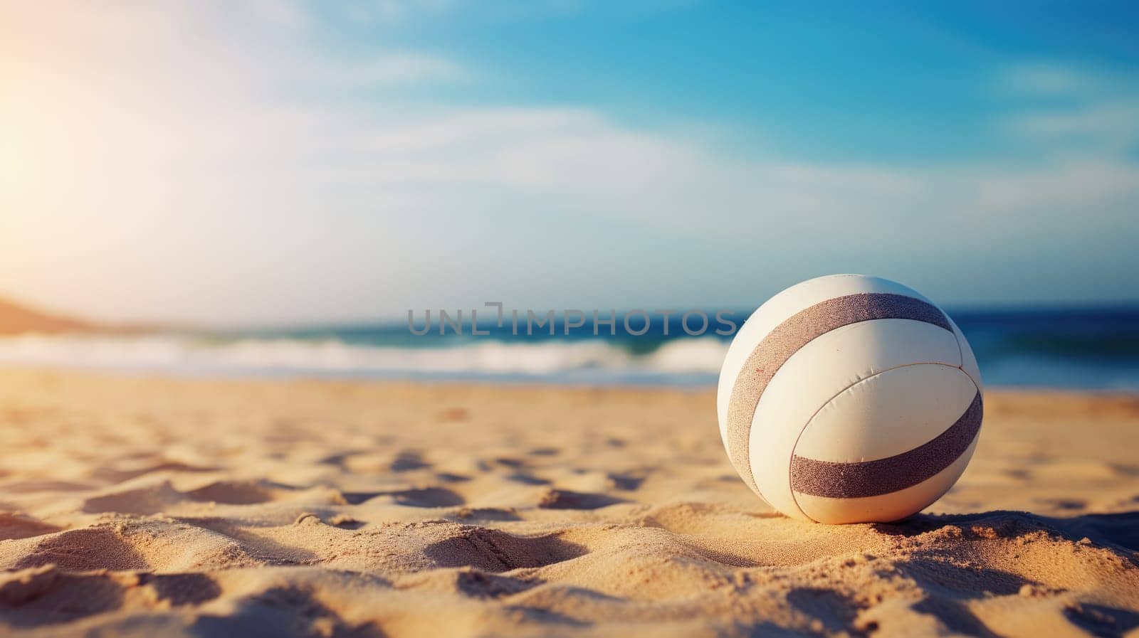 Volleyball ball on a sunny beach. Background for sporting events AI