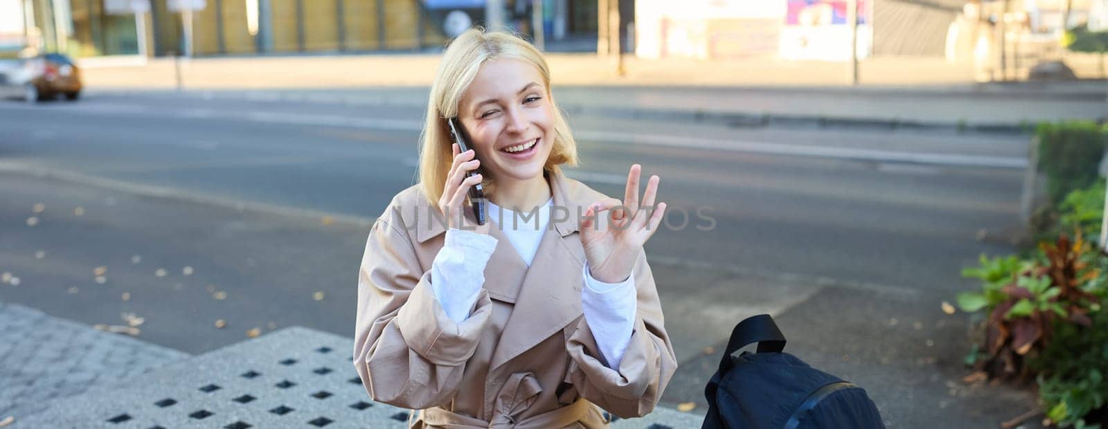 Image of young woman talking on mobile phone, sitting on bench outside, showing okay, ok approval gesture, made a deal over the telephone by Benzoix