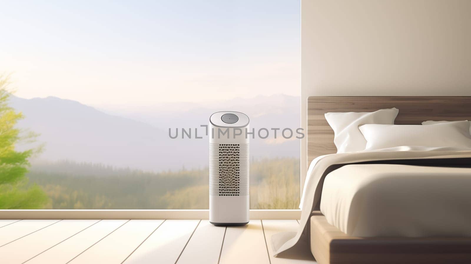 Design Air Purifier Or Cleaner On Wooden Floor of Modern Bedroom, Blue Sky And Mountains On Background. Air Cleaner Removes Fine Dust In House To Prevent Allergy. Copy Space. Ai Generated.