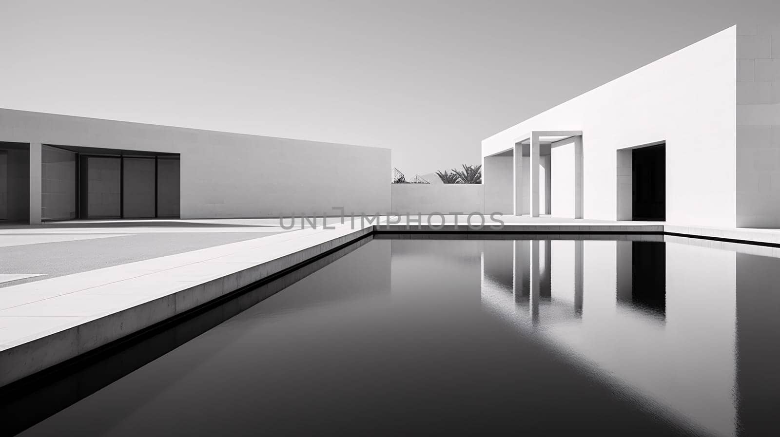 A solitary building stands tall against the vast sky, its monochrome facade reflecting in the still pool of water below, a stark and serene oasis amidst the chaotic outdoor world of architecture