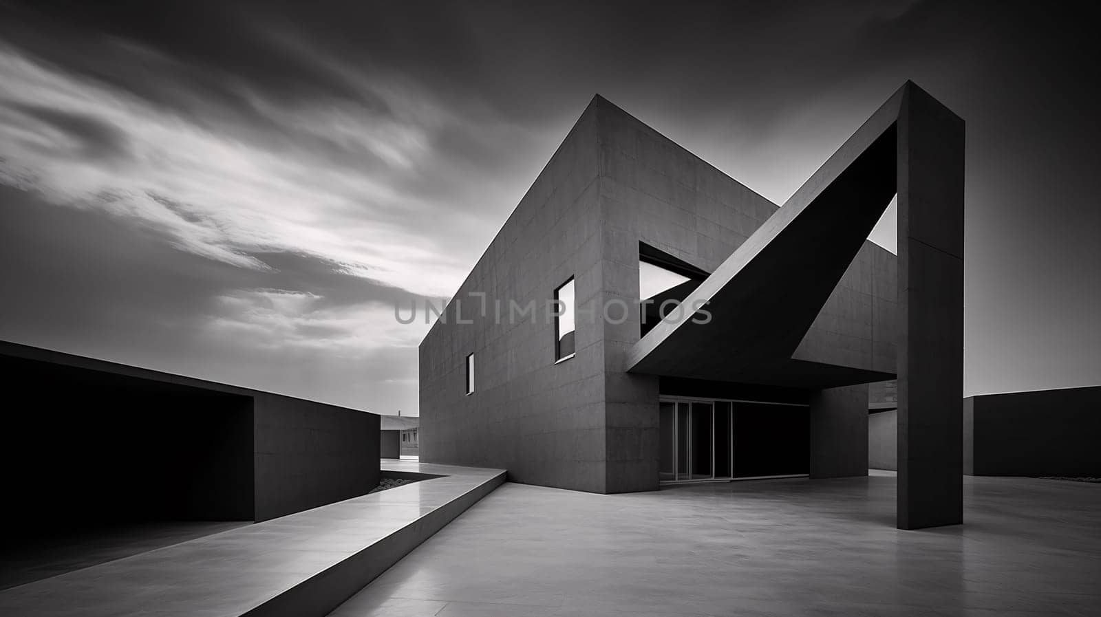 Against a backdrop of billowing clouds and a pale monochrome sky, a sleek concrete structure rises boldly, an architectural masterpiece amidst the outdoor landscape