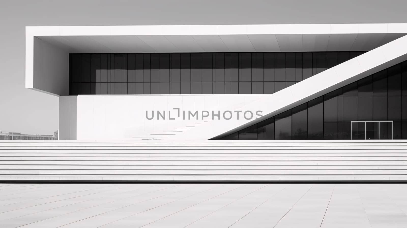 The sleek, modern building stood tall against the bright blue sky, its black windows offering a mysterious contrast to the white exterior, an architectural masterpiece that exuded sophistication and innovation - generative AI