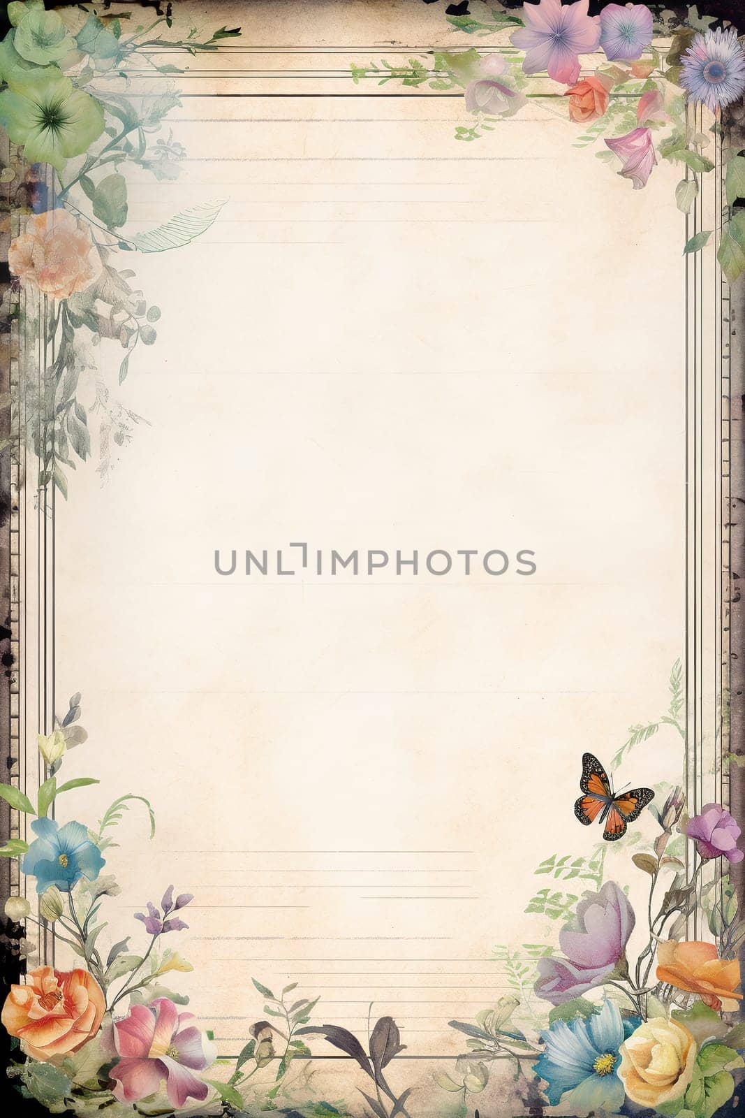 vintage antique old frame with flowers and butterfly - AI generative