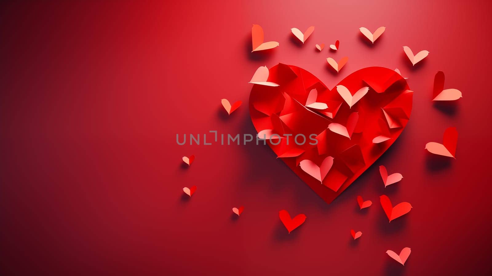 Mockup Many Beautiful red Origami Hearts On Red Background. Saint Valentine's Day. Love, Romance For February 14. Space For Text. Ai Generated. Horizontal Plane. by netatsi