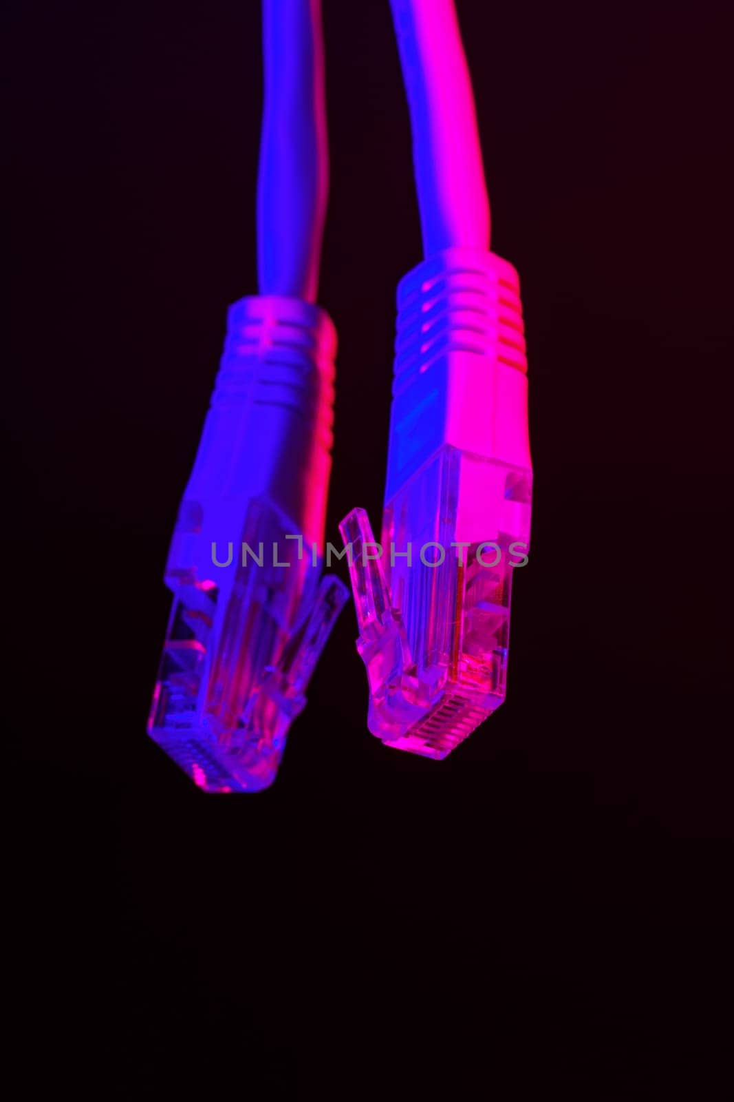Modern technology network cable in neon light close up