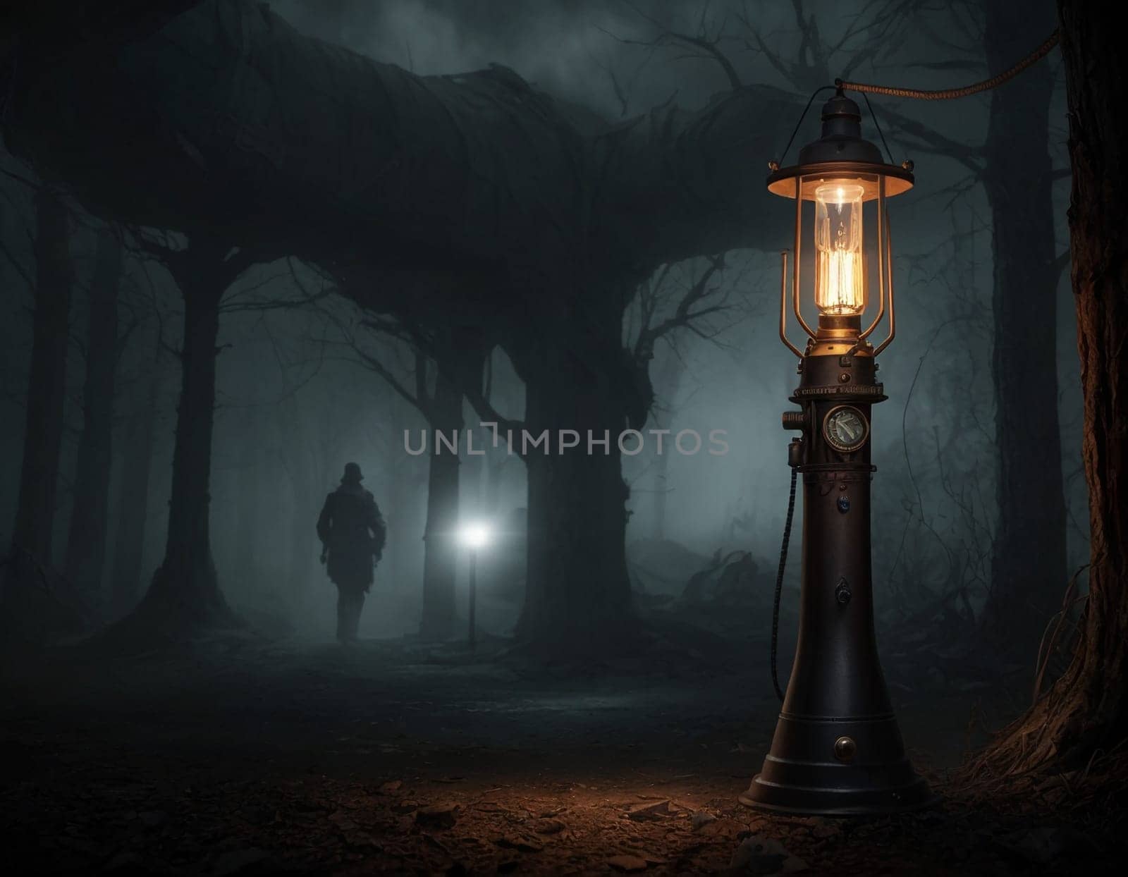 Dark steampunk with Kerosene lamps and mechanisms in the dark. High quality illustration