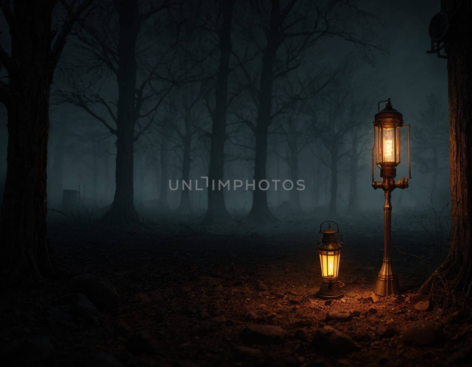 Dark steampunk with Kerosene lamps and mechanisms in the dark. High quality illustration