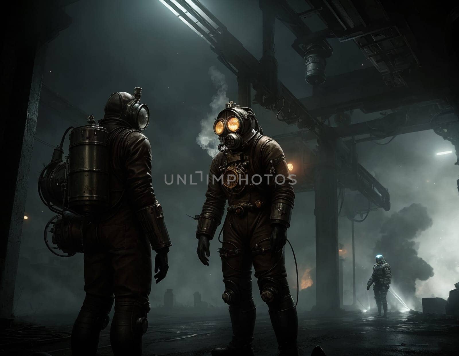 People in a gas mask against the backdrop of a smoking factory. Ecological disaster and dystopia. High quality illustration