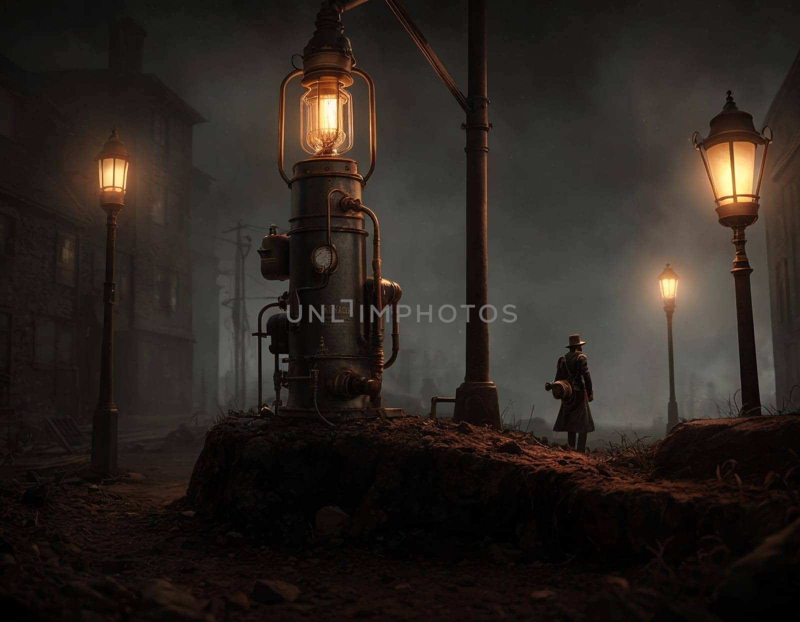 Dark steampunk with Kerosene lamps and mechanisms in the dark. High quality illustration
