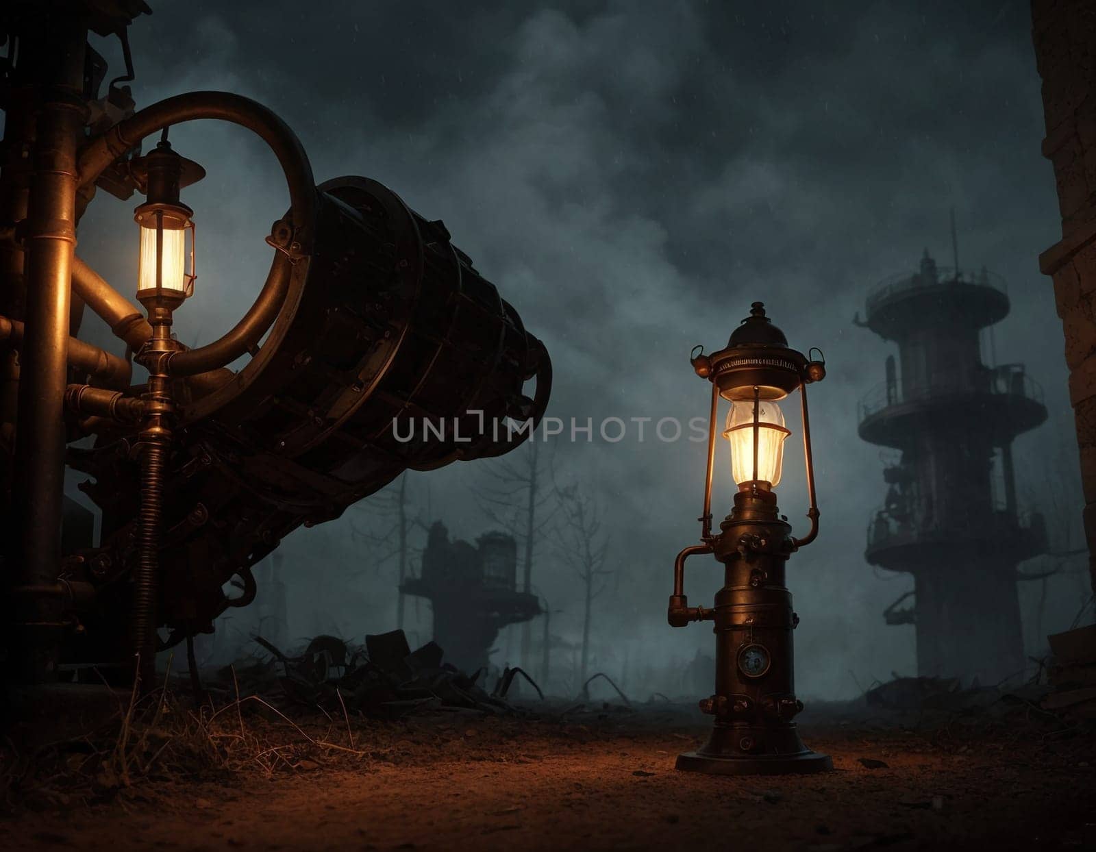 Dark steampunk with Kerosene lamps and mechanisms in the dark. High quality illustration