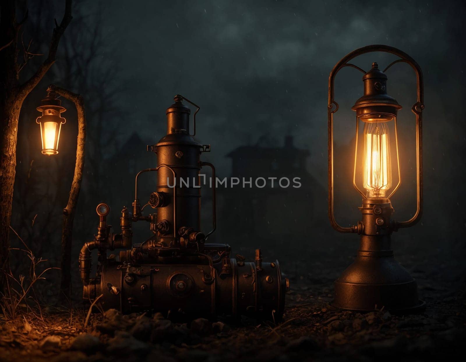 Dark steampunk with Kerosene lamps and mechanisms in the dark. High quality illustration