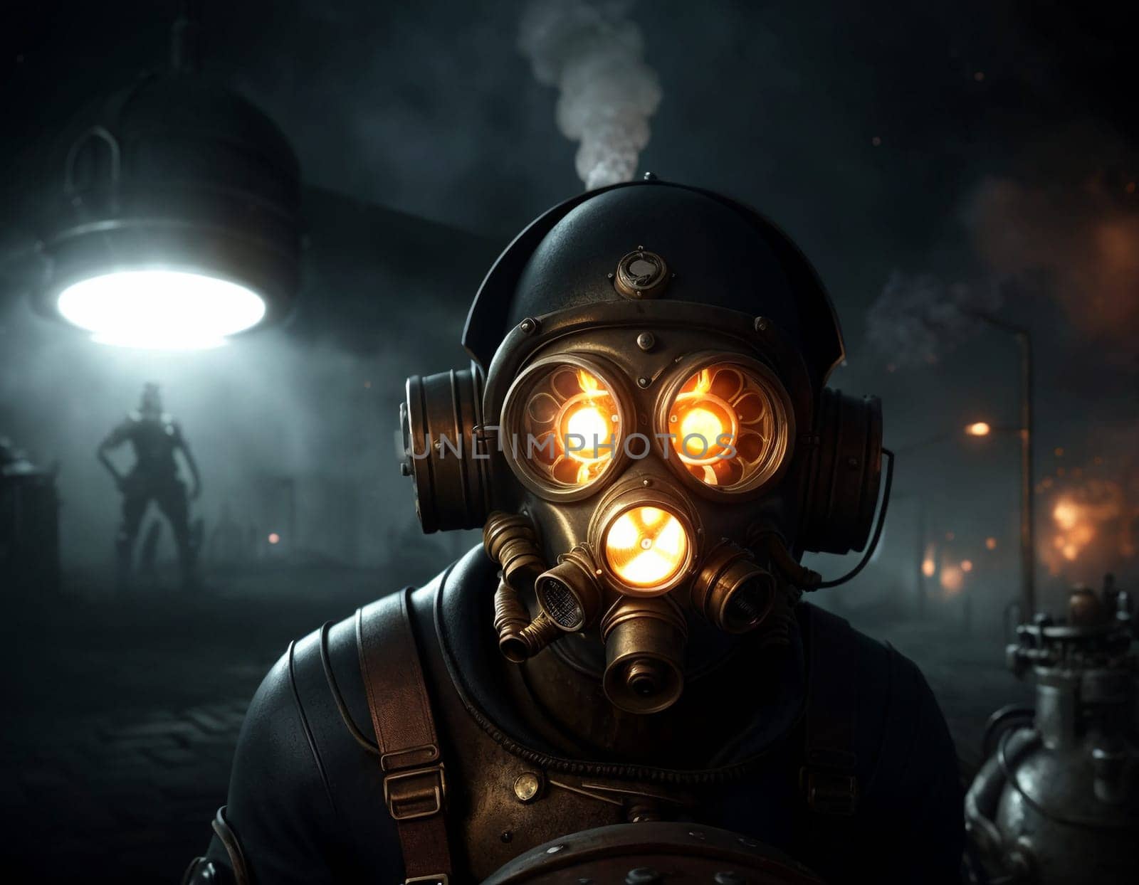 A man in a gas mask against the backdrop of a smoking factory. Ecological disaster and dystopia. High quality illustration
