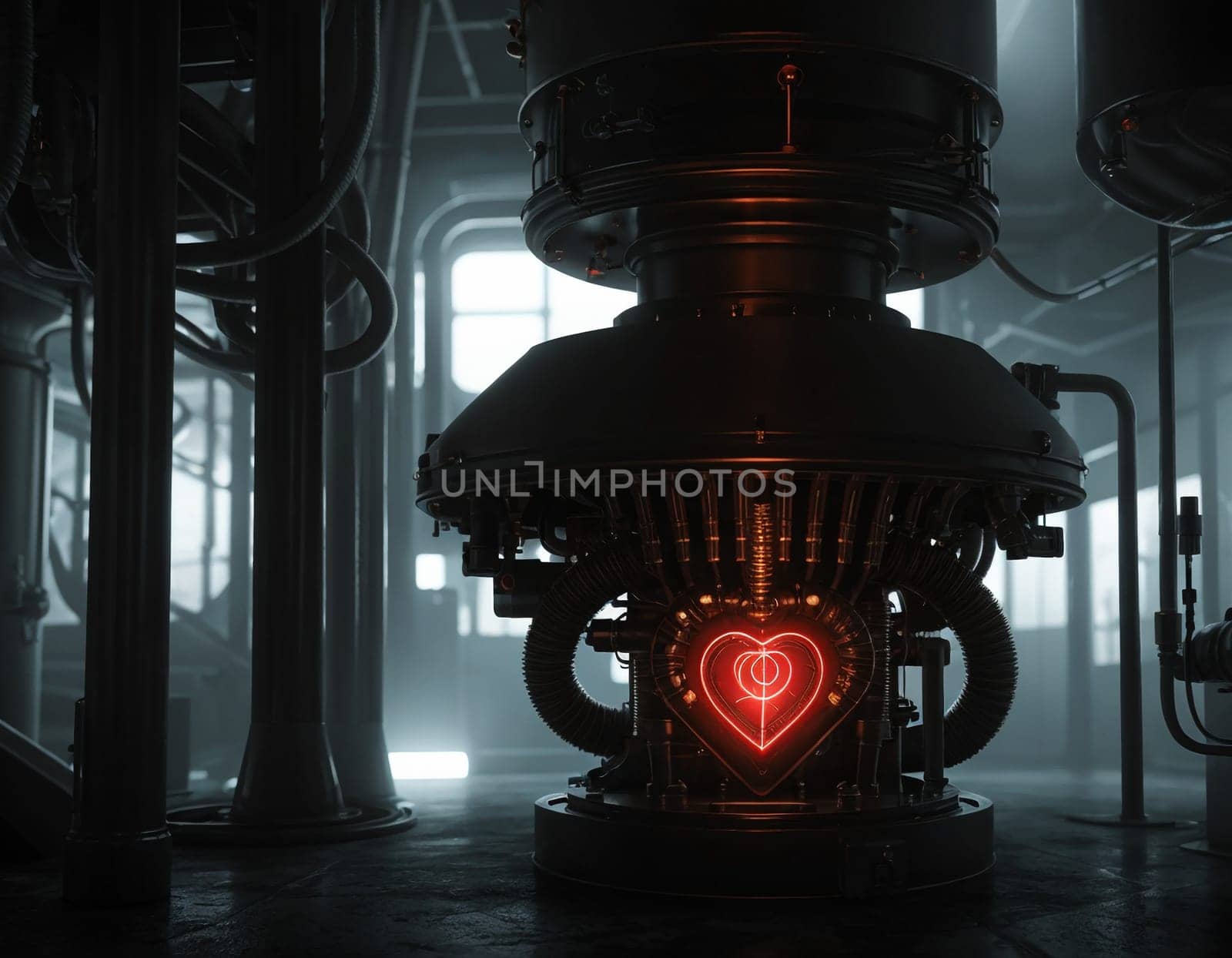 Atomic heart in mechanisms. Heart motor. High quality illustration