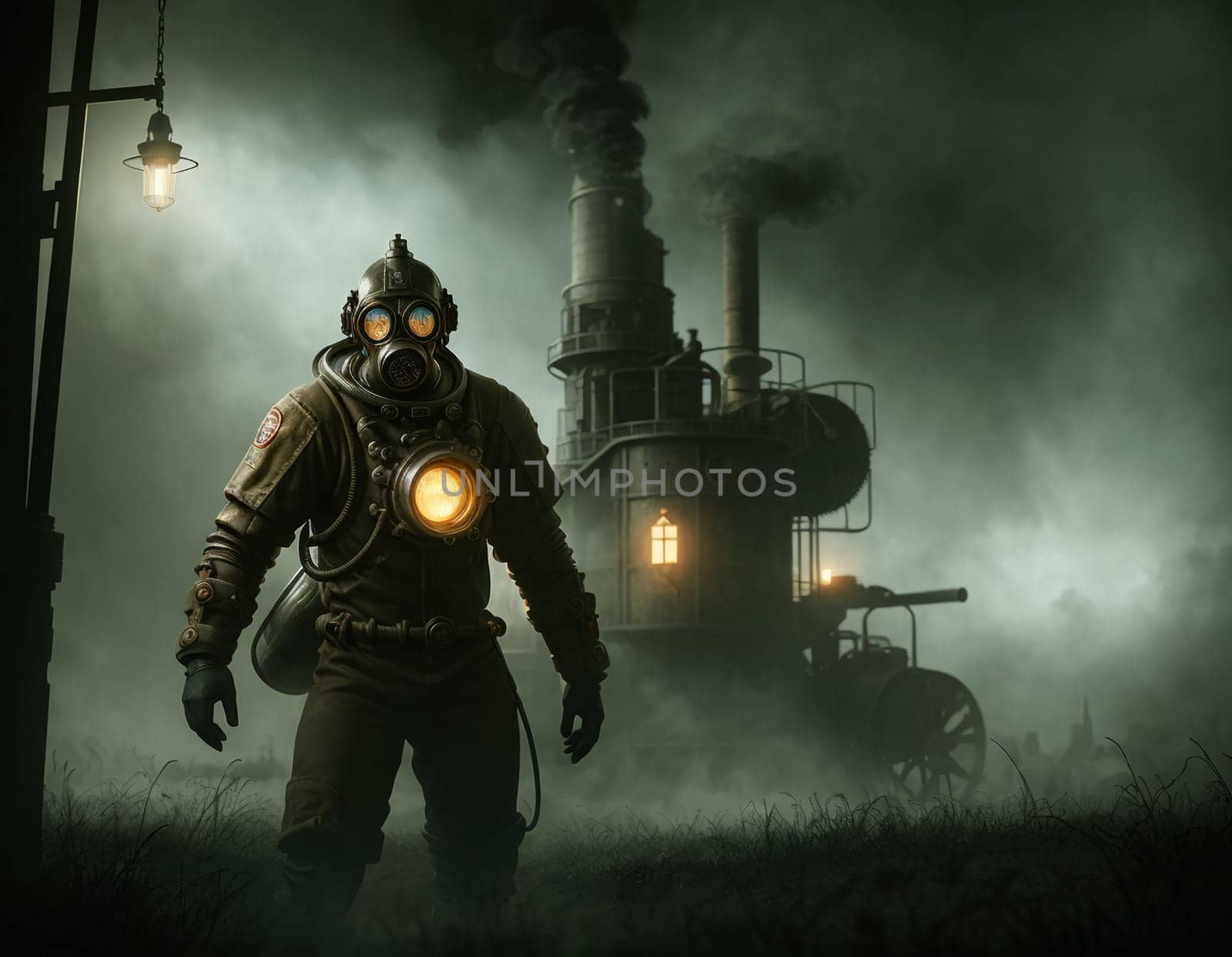 A man in a gas mask against the backdrop of a smoking factory. Ecological disaster and dystopia. High quality illustration