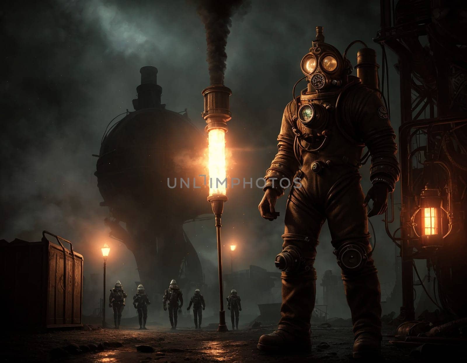 A man in a gas mask against the backdrop of a smoking factory. Ecological disaster and dystopia. High quality illustration