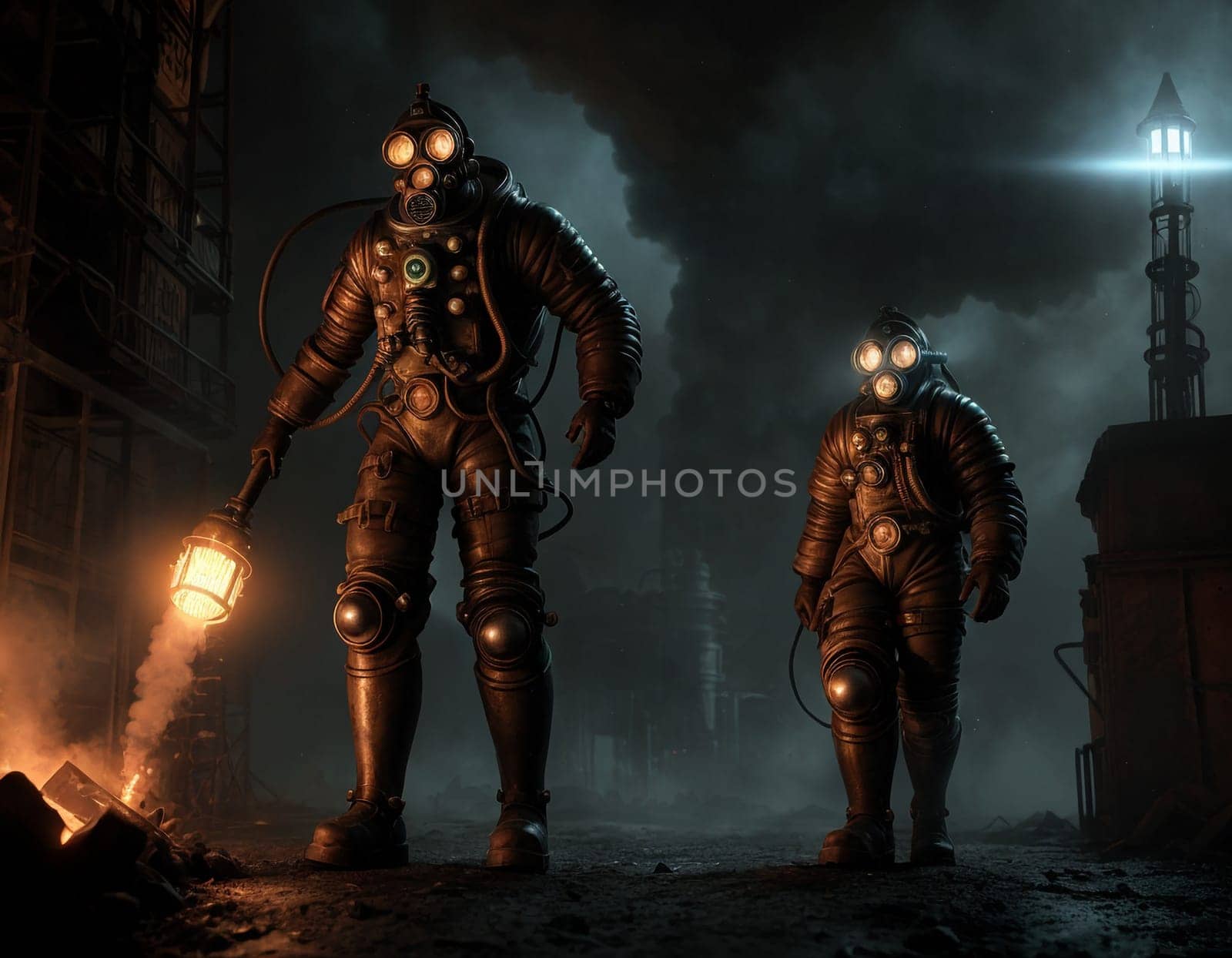 People in a gas mask against the backdrop of a smoking factory. Ecological disaster and dystopia. High quality illustration