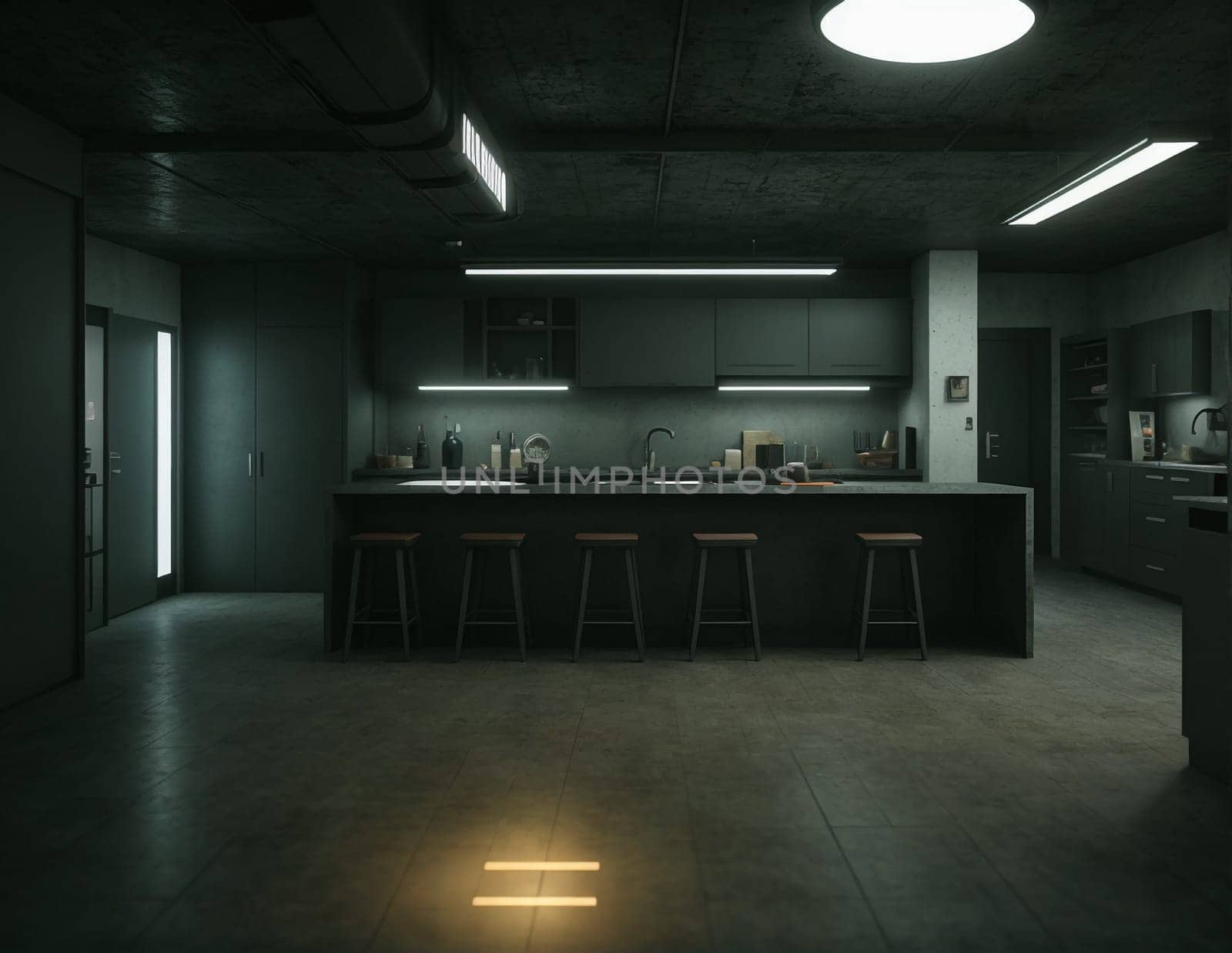 Minimalistic interior in a futuristic style. Dark room in the light of different light sources