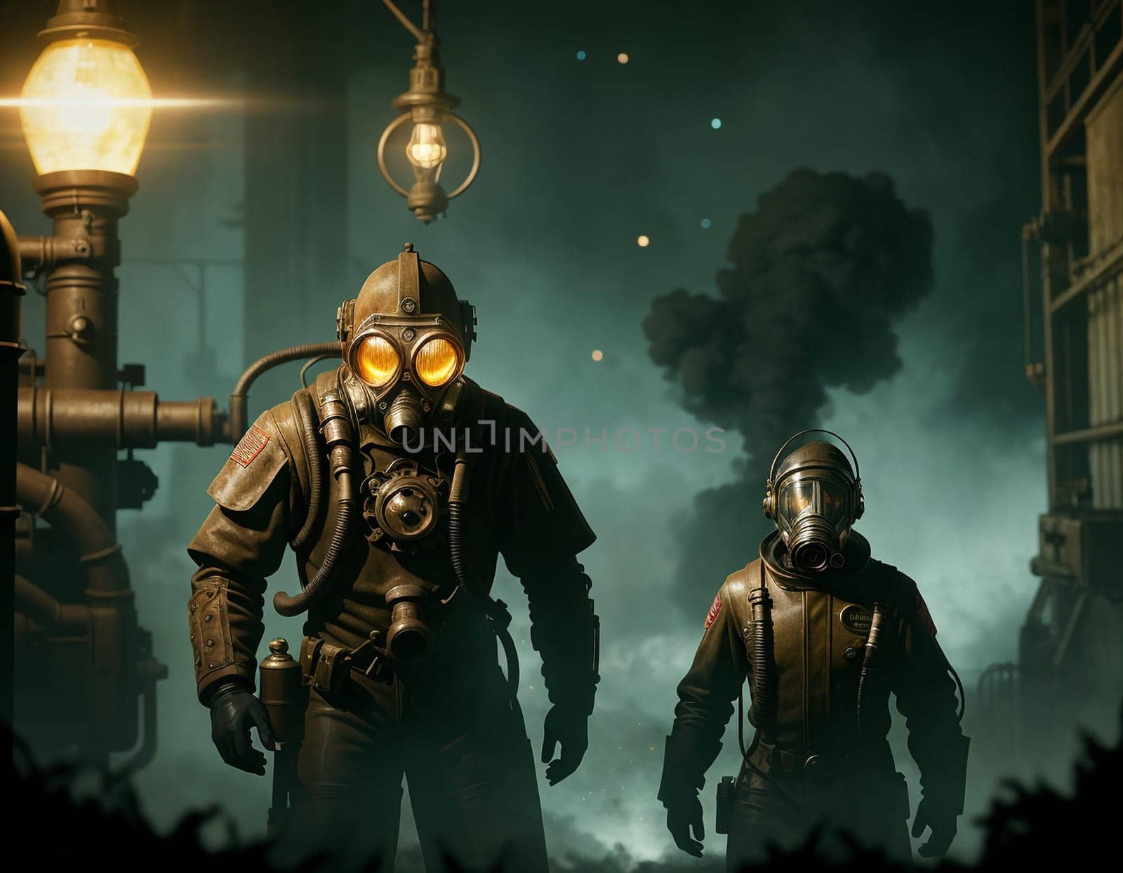 People in a gas mask against the backdrop of a smoking factory. Ecological disaster and dystopia. High quality illustration