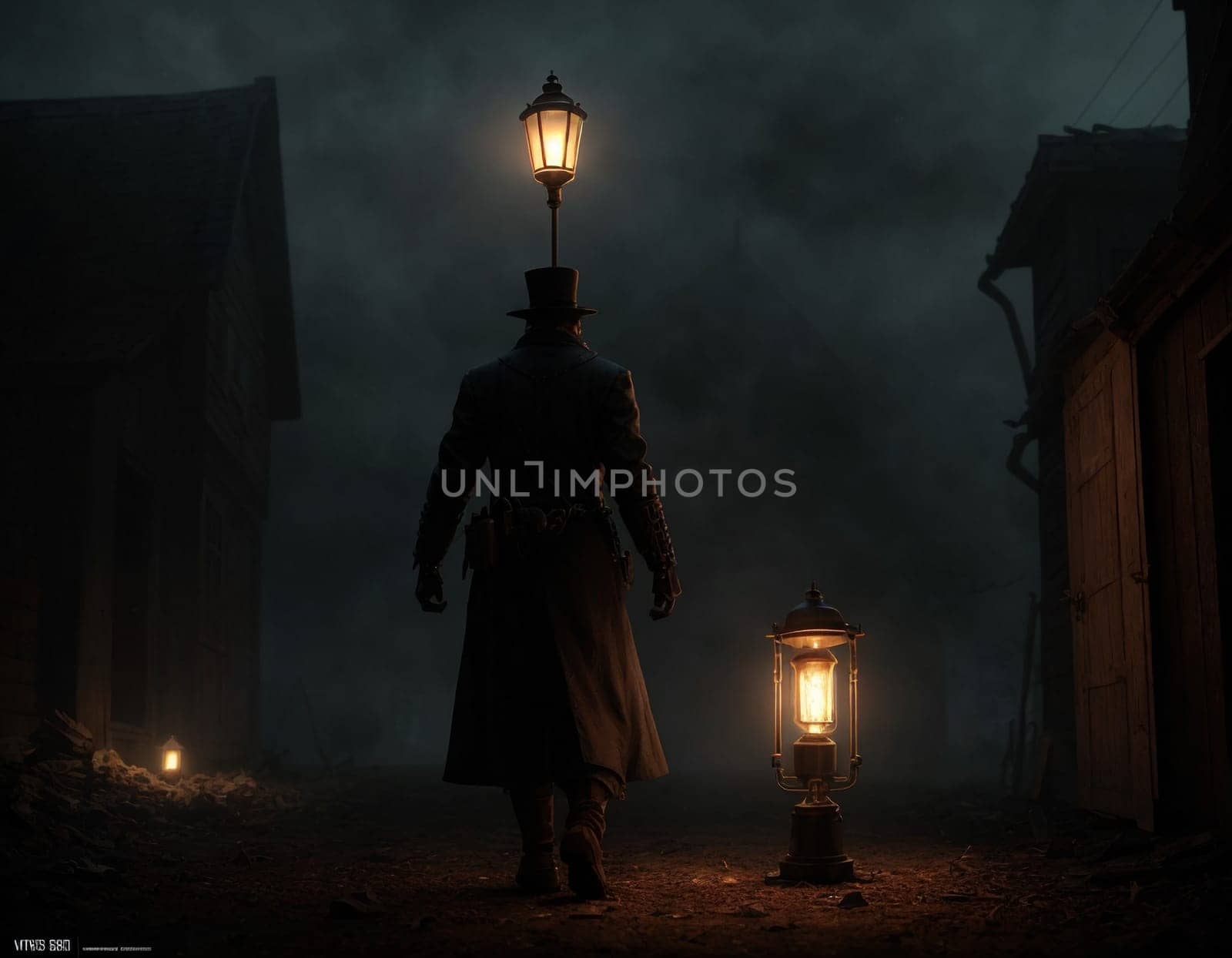 Dark steampunk with Kerosene lamps and mechanisms in the dark. High quality illustration