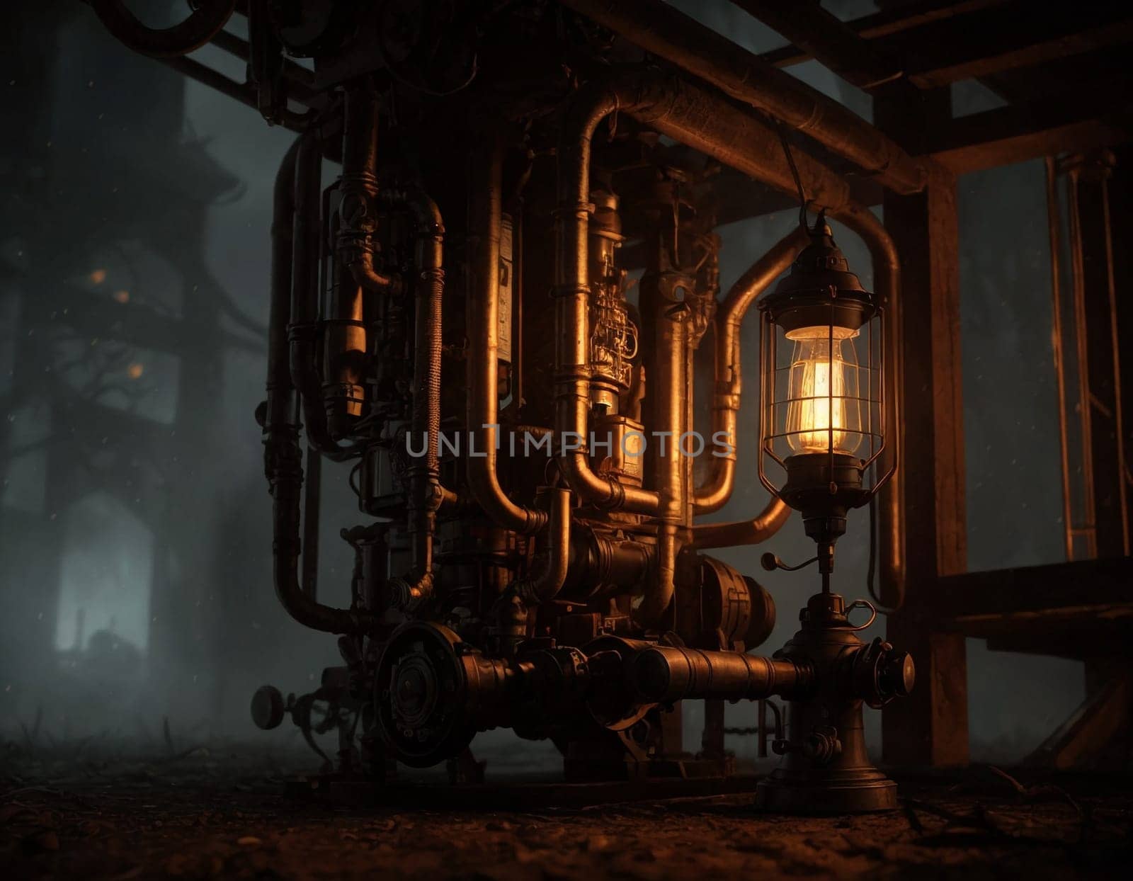 Dark steampunk with Kerosene lamps and mechanisms in the dark. High quality illustration