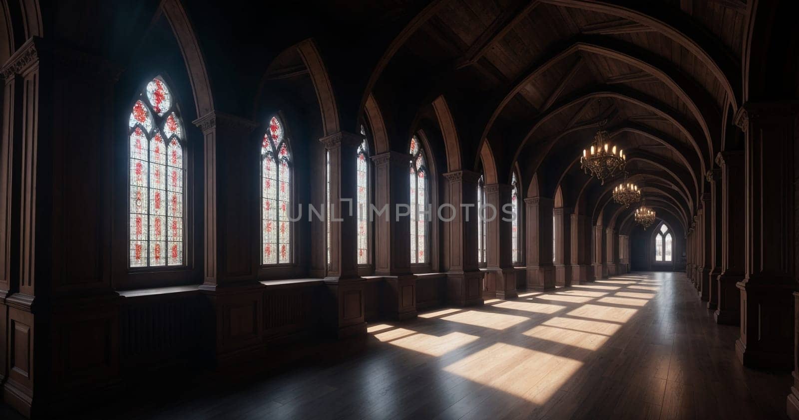 Neo-Gothic interior. Spacious, bright corridors. High quality illustration