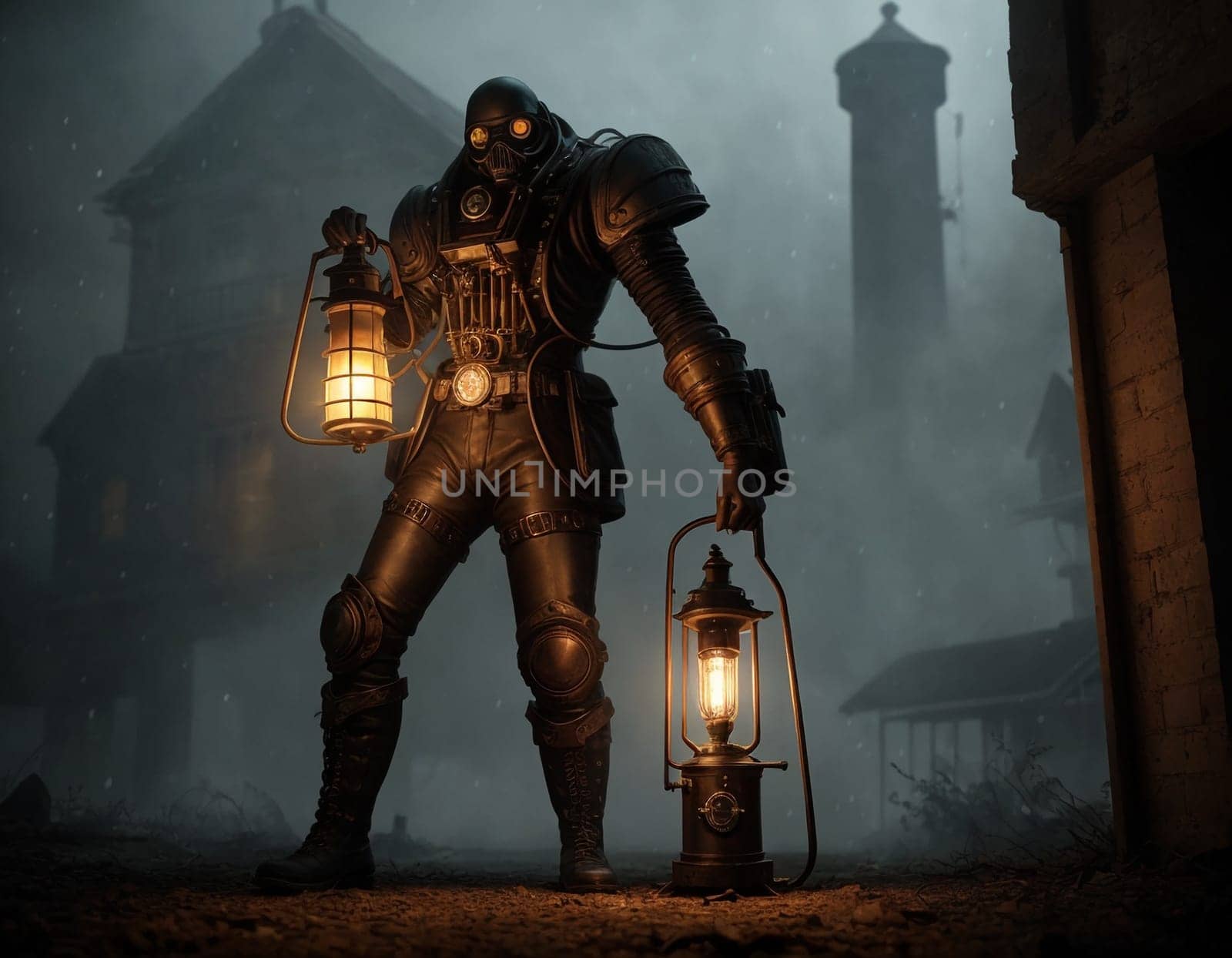 Dark steampunk with Kerosene lamps and mechanisms in the dark. High quality illustration