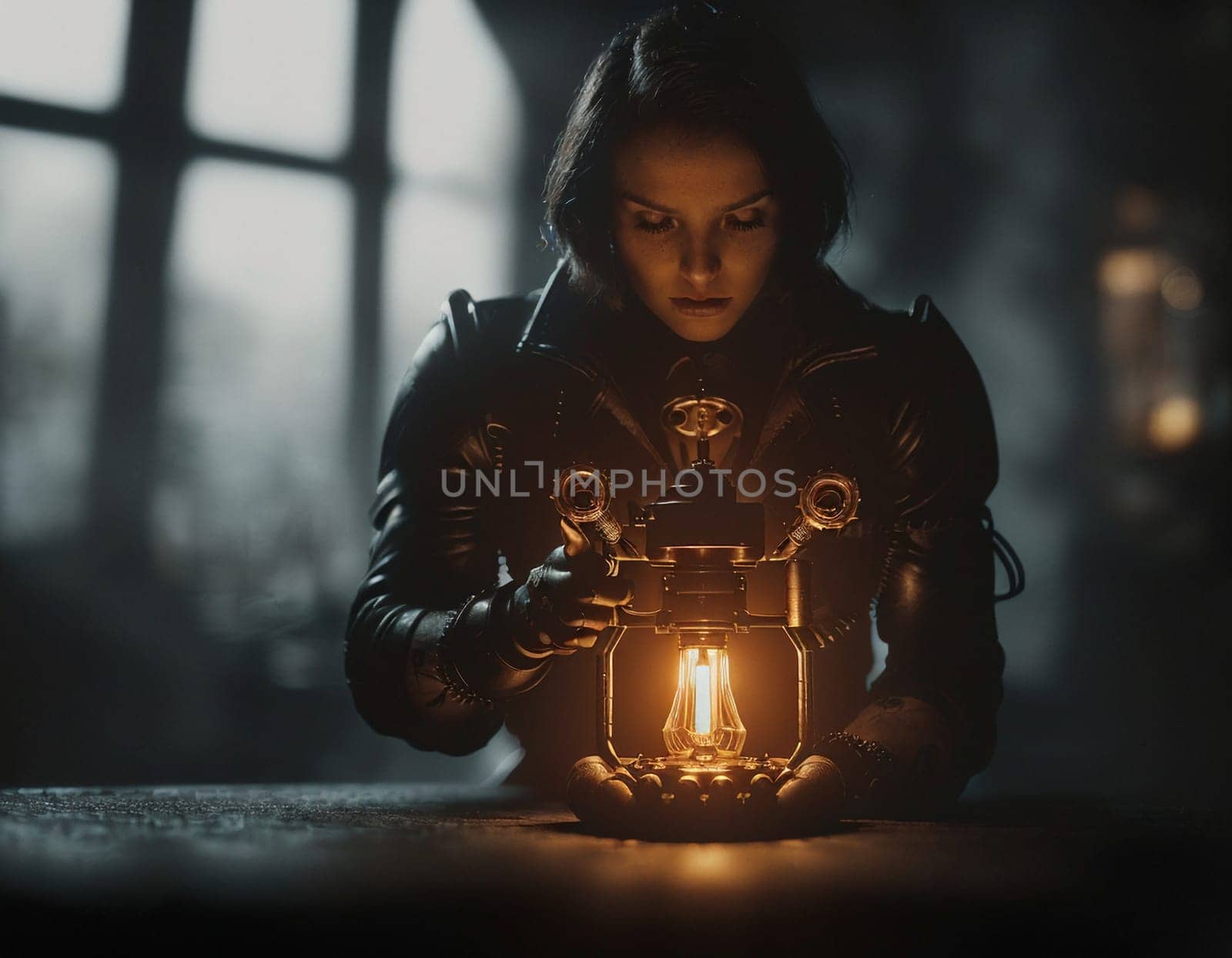 A girl in steampunk style holds a kirosin. lamp by NeuroSky