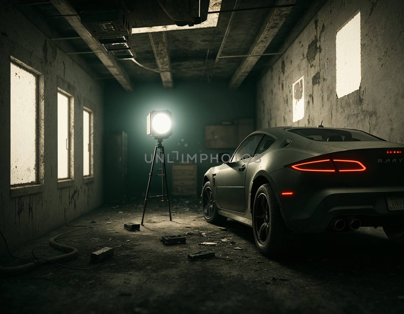 The car is in an abandoned building. High quality illustration