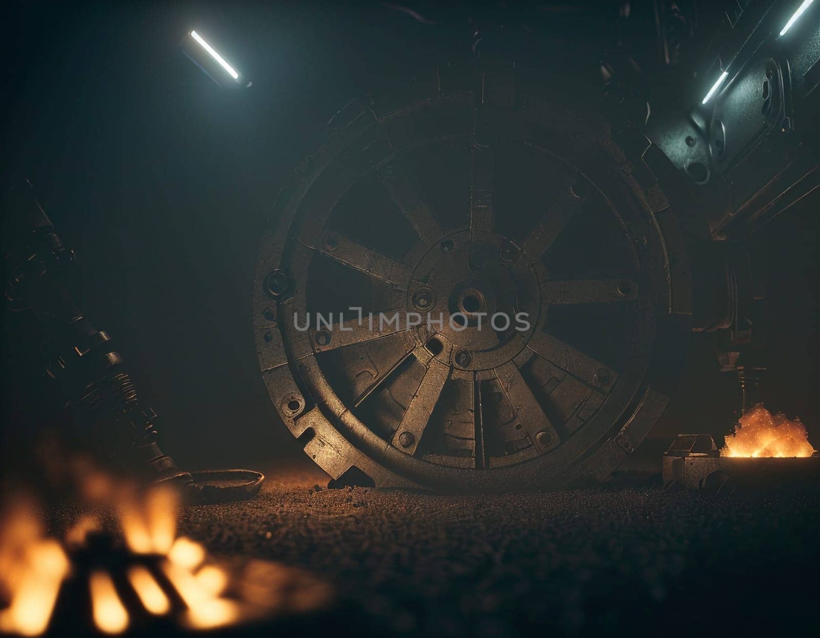 A gloomy background in the style of dystopia and steampunk. Vintage gears and mechanisms in an abandoned factory