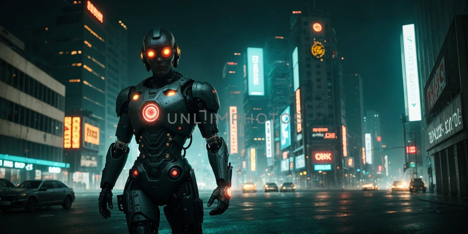 Cyborg in the style of Dark Cyberpunk. High quality illustration