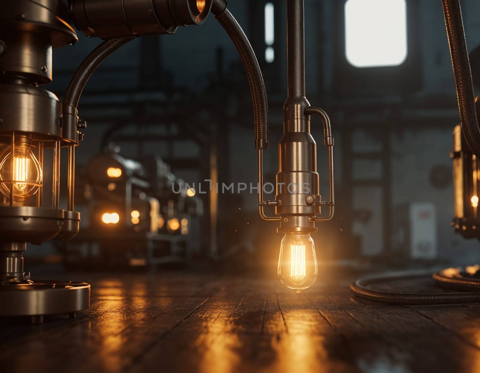 Dark steampunk with Kerosene lamps and mechanisms in the dark. High quality illustration