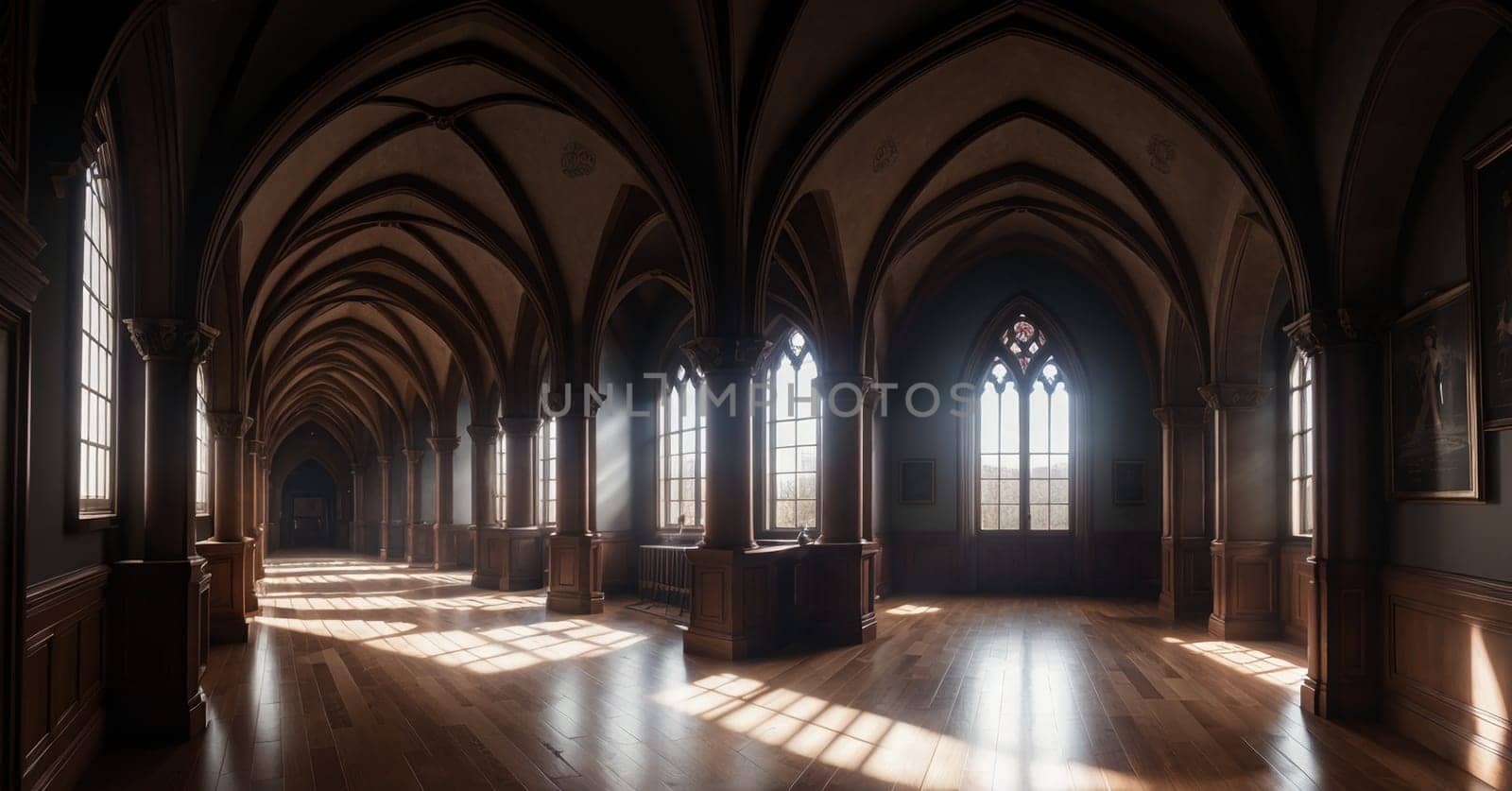 Neo-Gothic interior. Spacious, bright corridors. High quality illustration