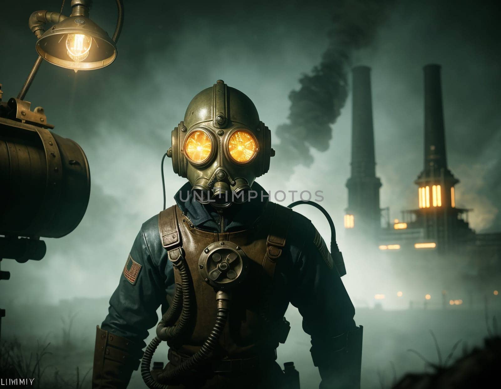 A man in a gas mask against the backdrop of a smoking factory. Ecological disaster and dystopia. High quality illustration