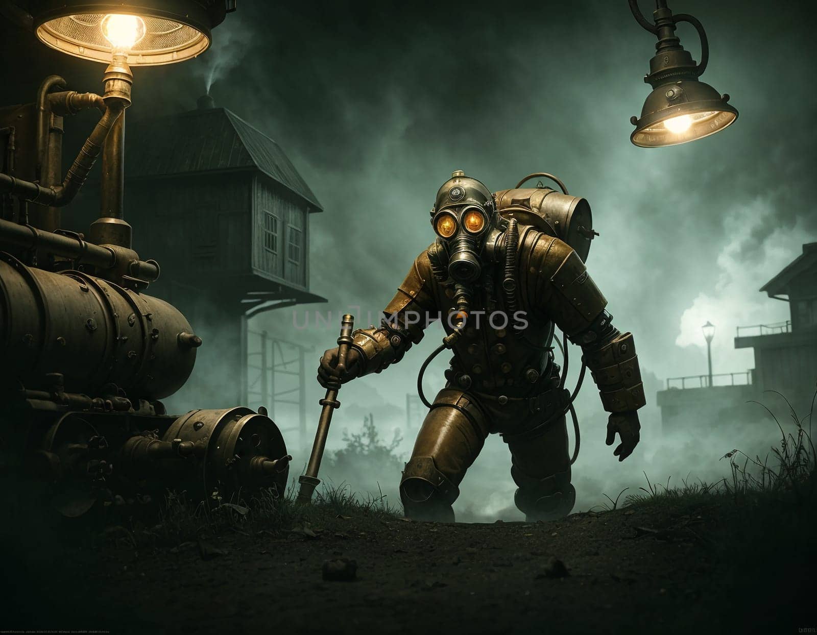 A man in a gas mask against the backdrop of a smoking factory. Ecological disaster and dystopia. High quality illustration
