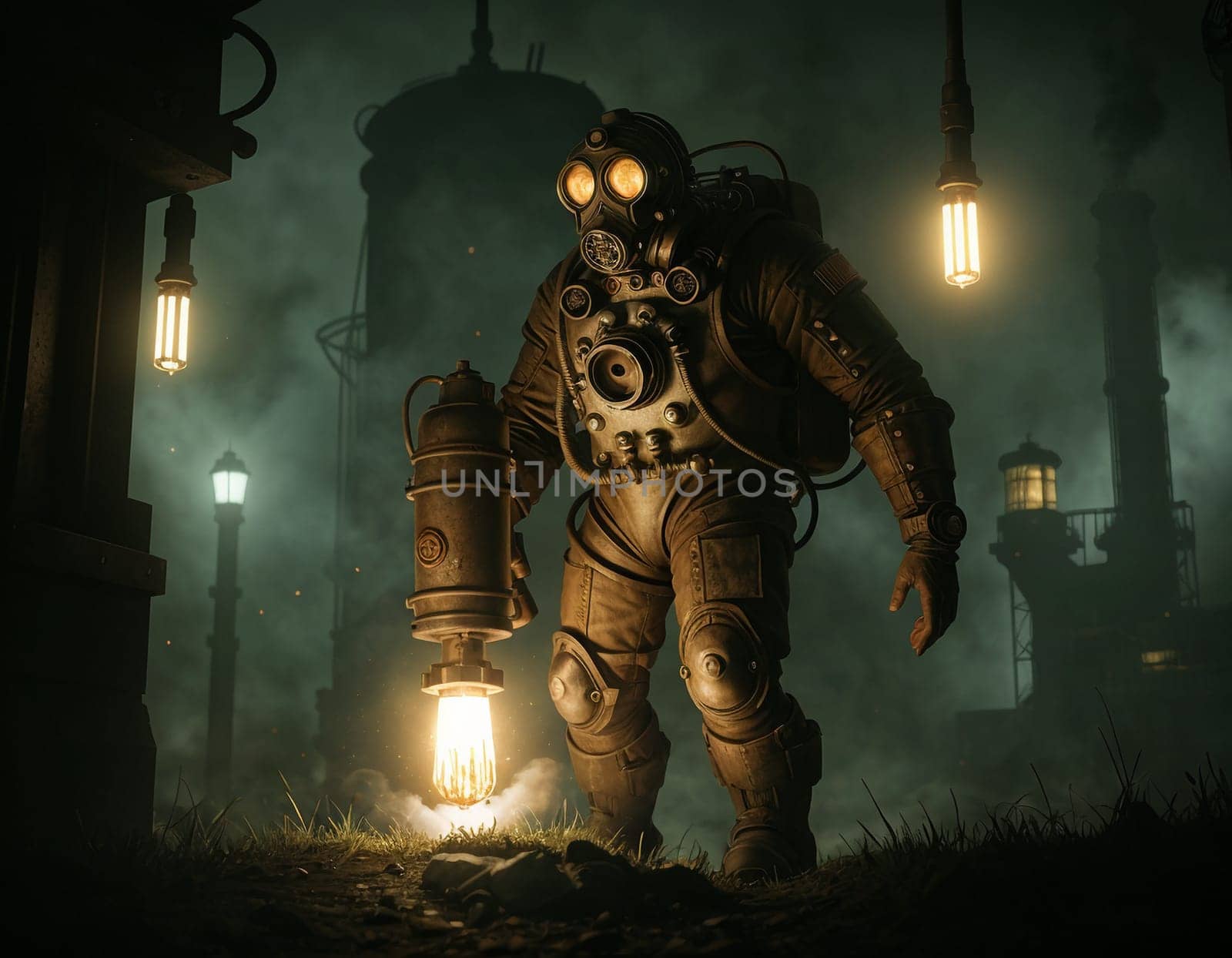 A man in a gas mask against the backdrop of a smoking factory. Ecological disaster and dystopia. High quality illustration