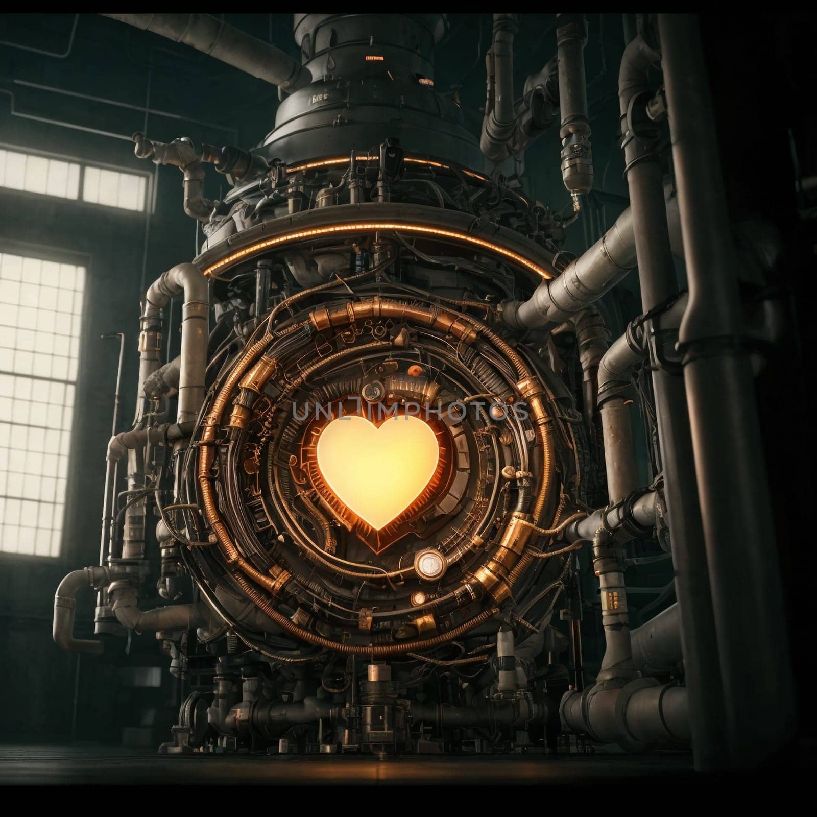 Atomic heart in mechanisms. Heart motor. High quality illustration