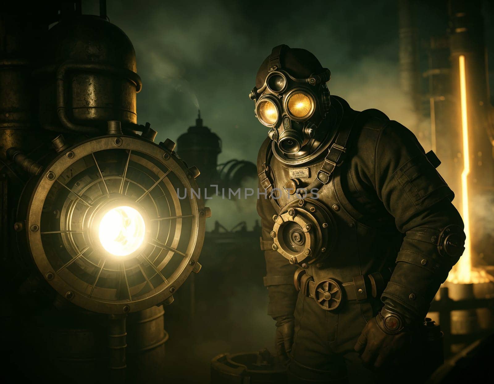 A man in a gas mask against the backdrop of a smoking factory. Ecological disaster and dystopia. High quality illustration