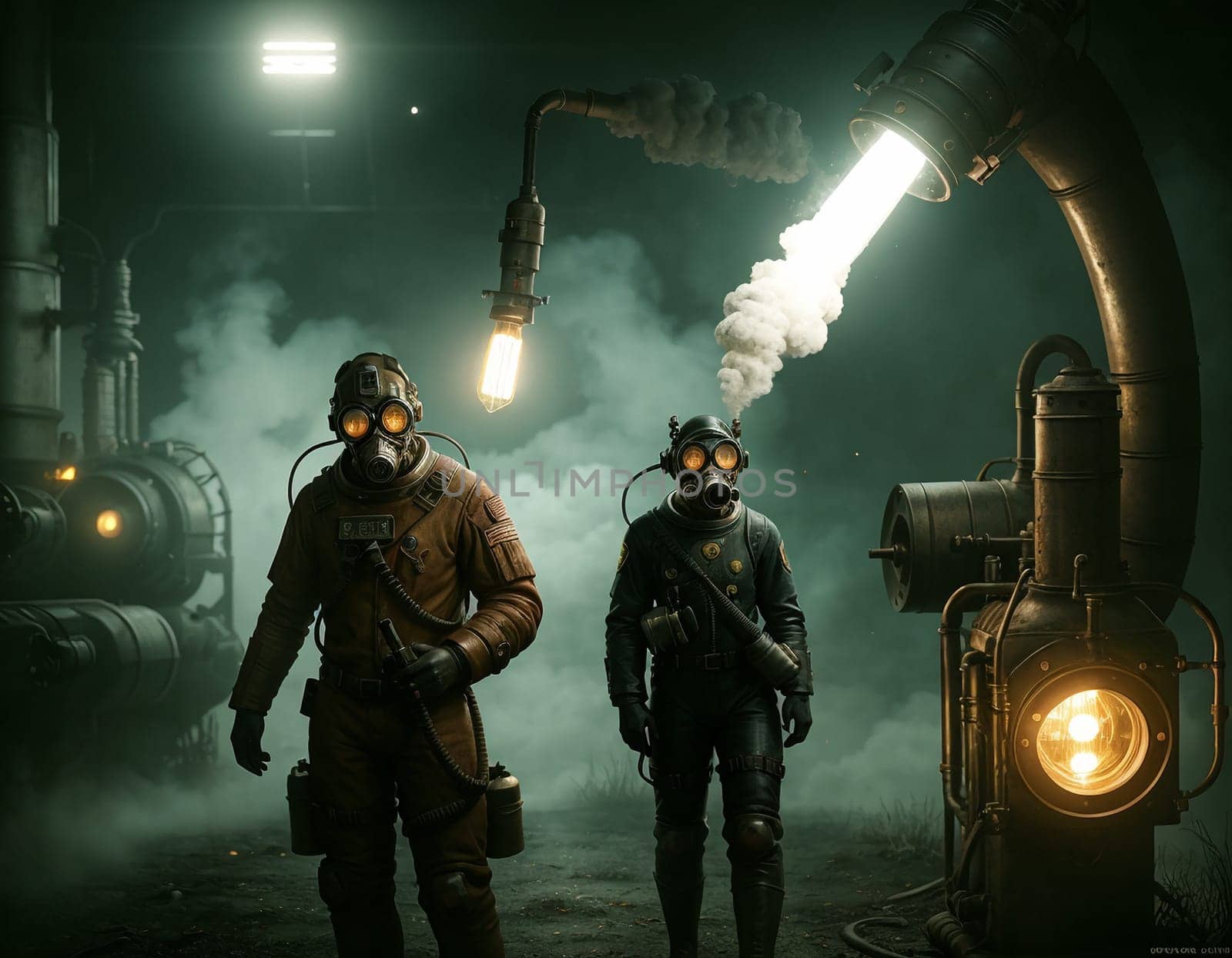 People in a gas mask against the backdrop of a smoking factory. Ecological disaster and dystopia. High quality illustration