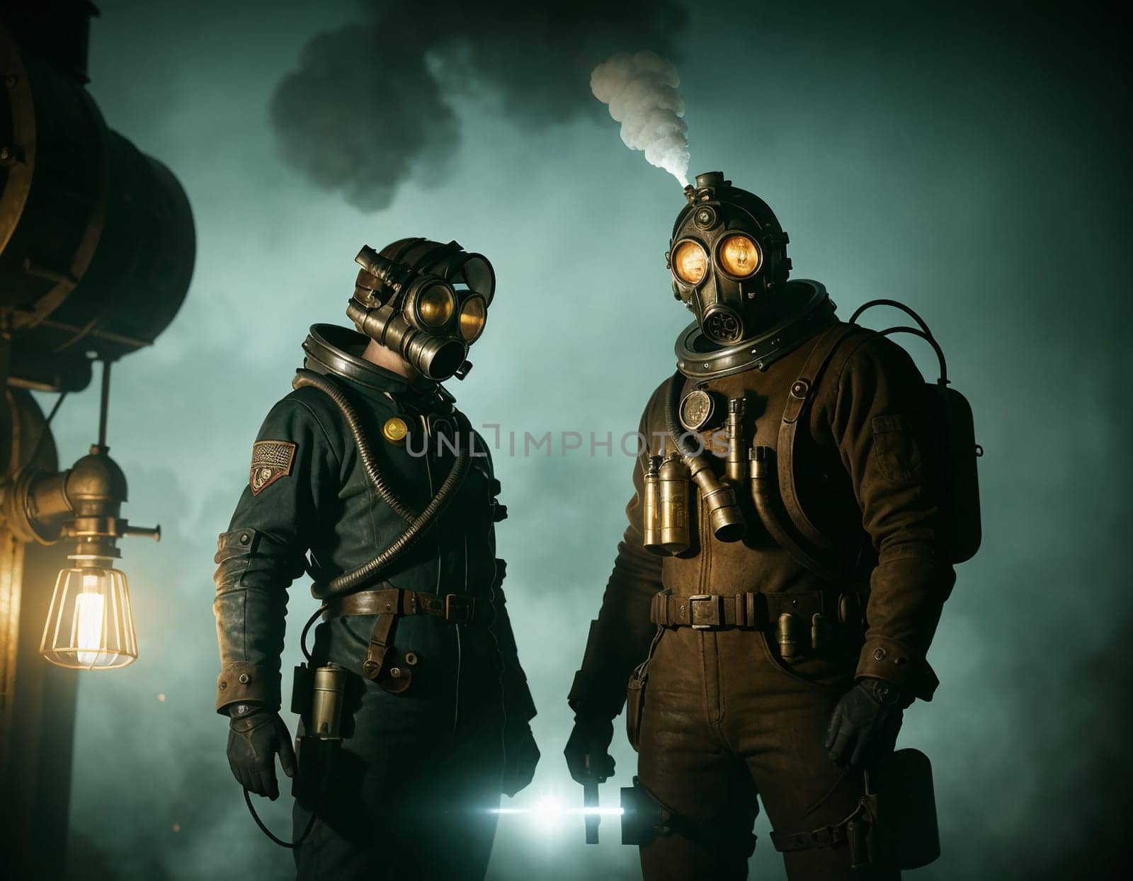 People in a gas mask against the backdrop of a smoking factory. Ecological disaster and dystopia. High quality illustration