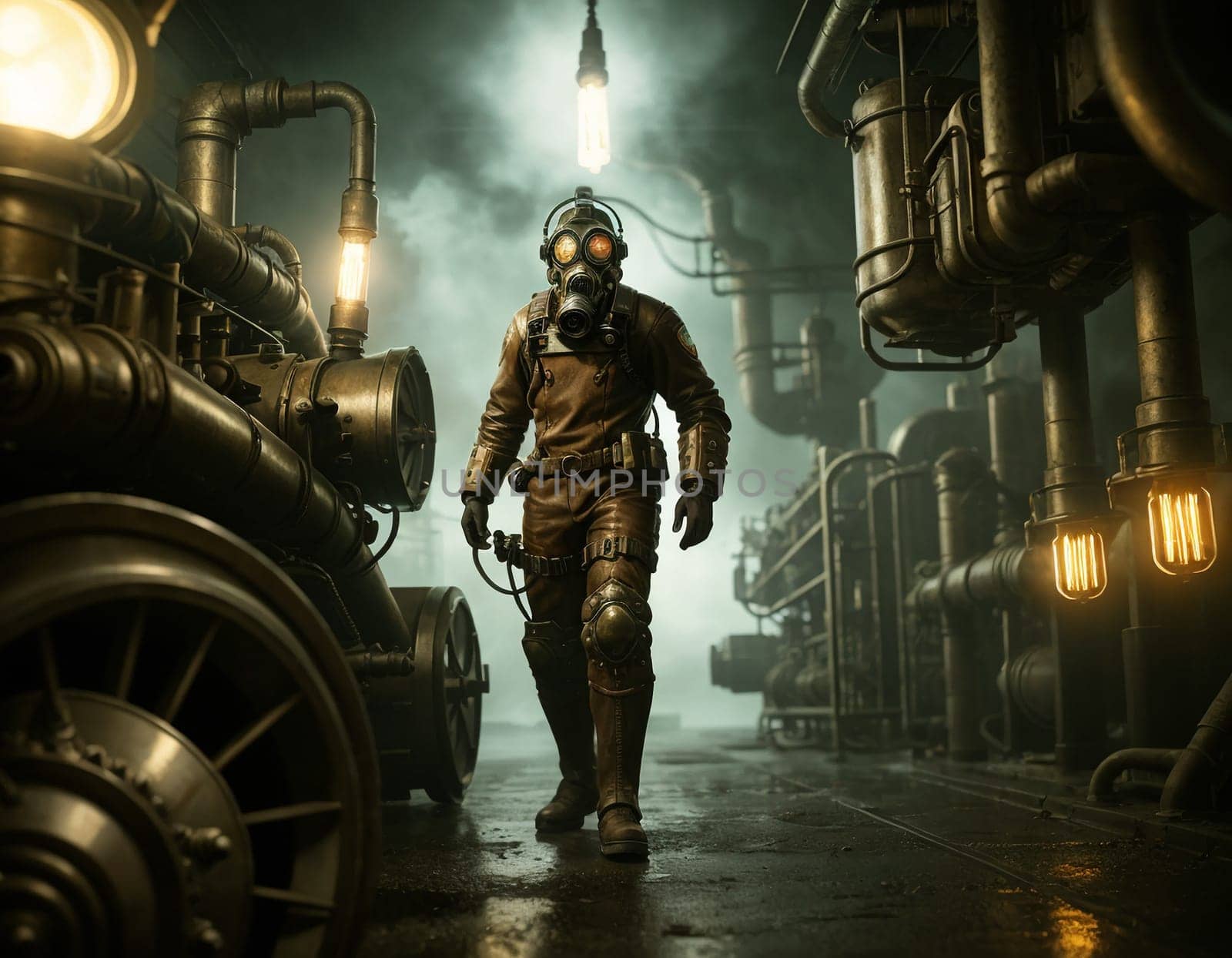 A man in a gas mask against the backdrop of a smoking factory. Ecological disaster and dystopia. High quality illustration