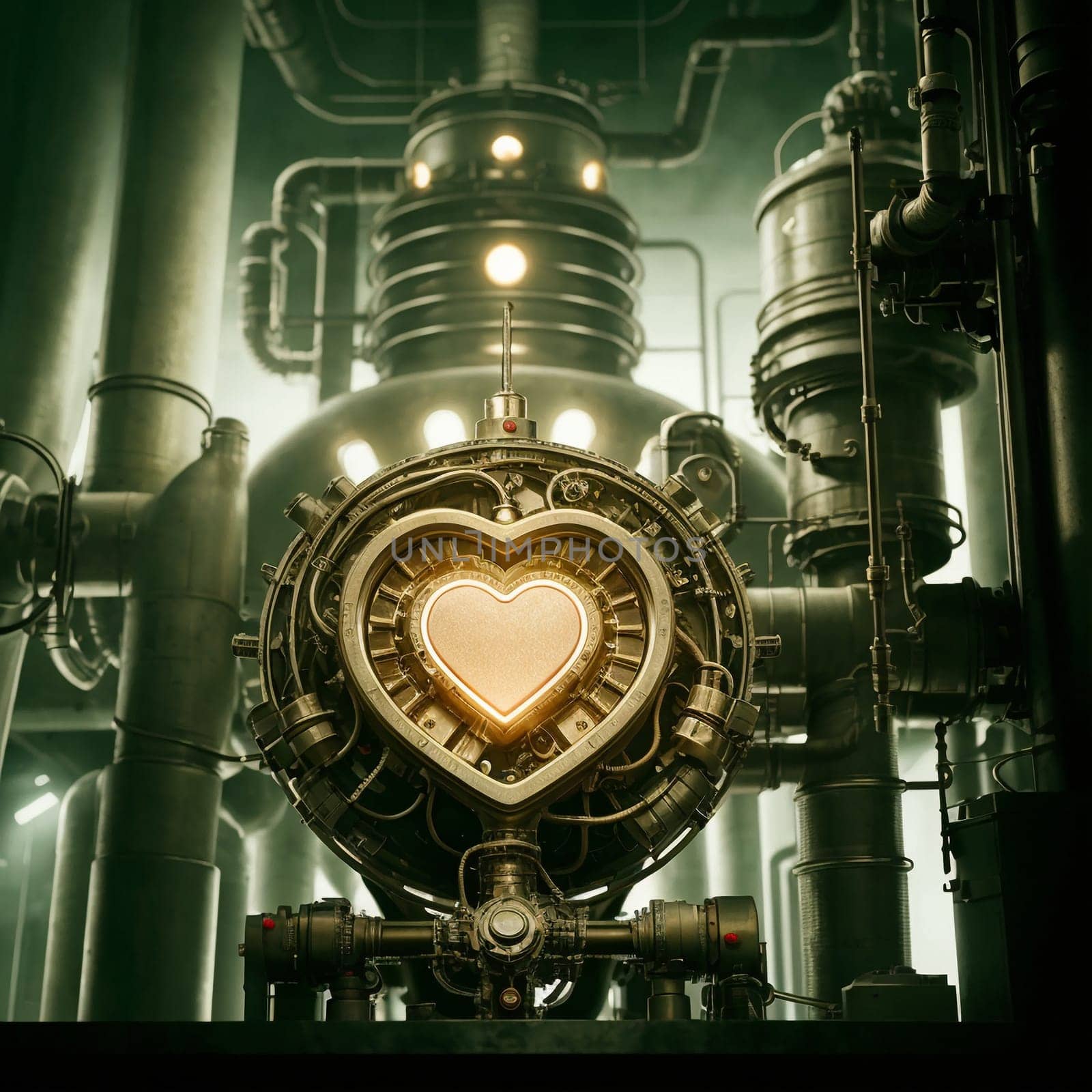 Atomic heart in mechanisms. Heart motor. High quality illustration