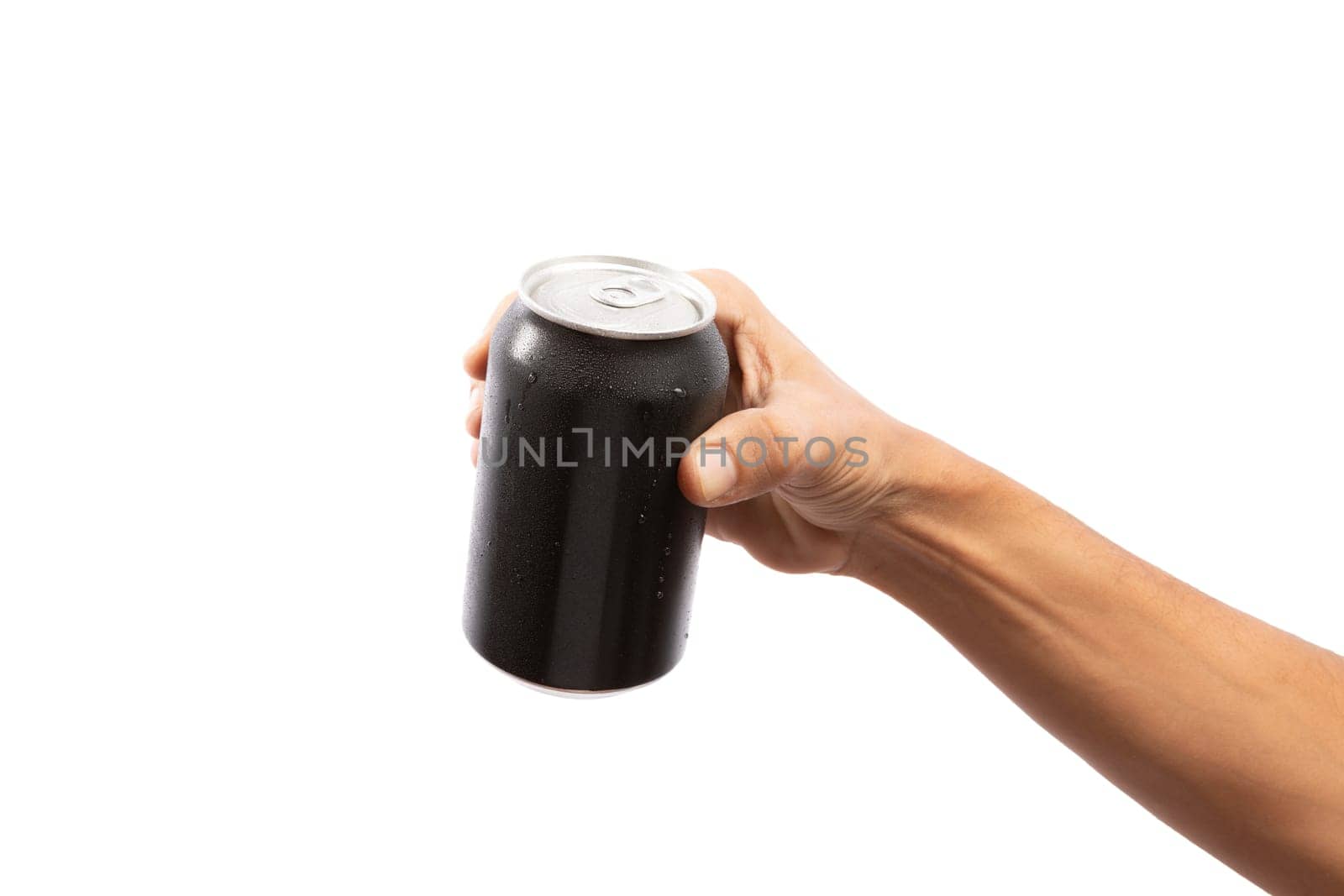 Black male hand holding black aluminum mockup can, closeup by TropicalNinjaStudio