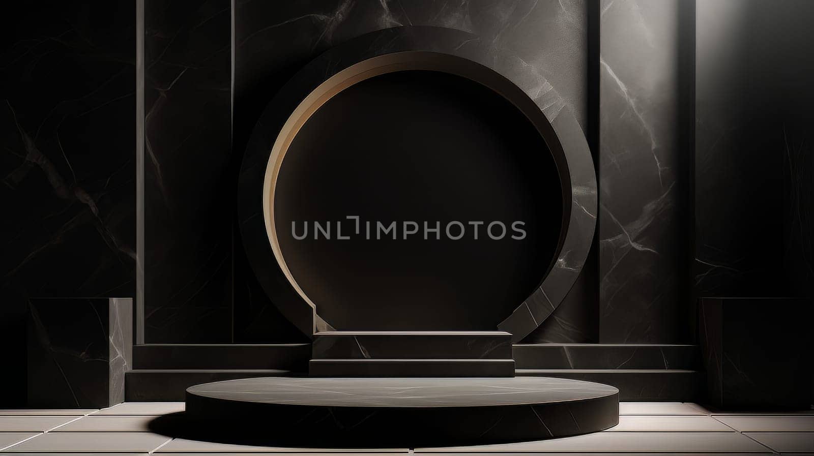 Abstract minimalistic black scene with geometric shapes. 3D visualization AI by but_photo