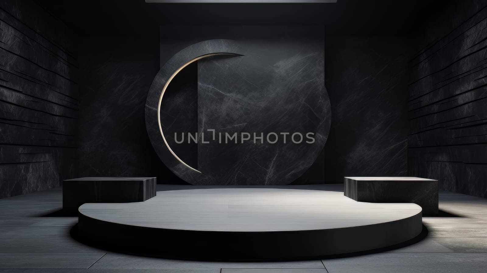 Black futuristic 3D Elegant Podium Stage. Abstract geometric minimalist 3D scene with podium, copy space or space for product presentation. generative AI.