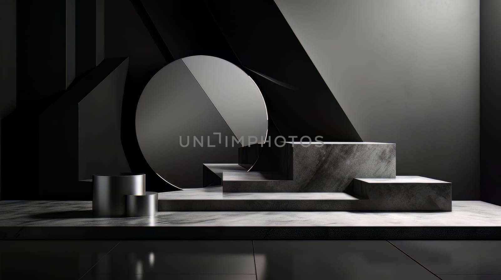 Black futuristic 3D Elegant Podium Stage. Abstract geometric minimalist 3D scene with podium, copy space or space for product presentation. generative AI.