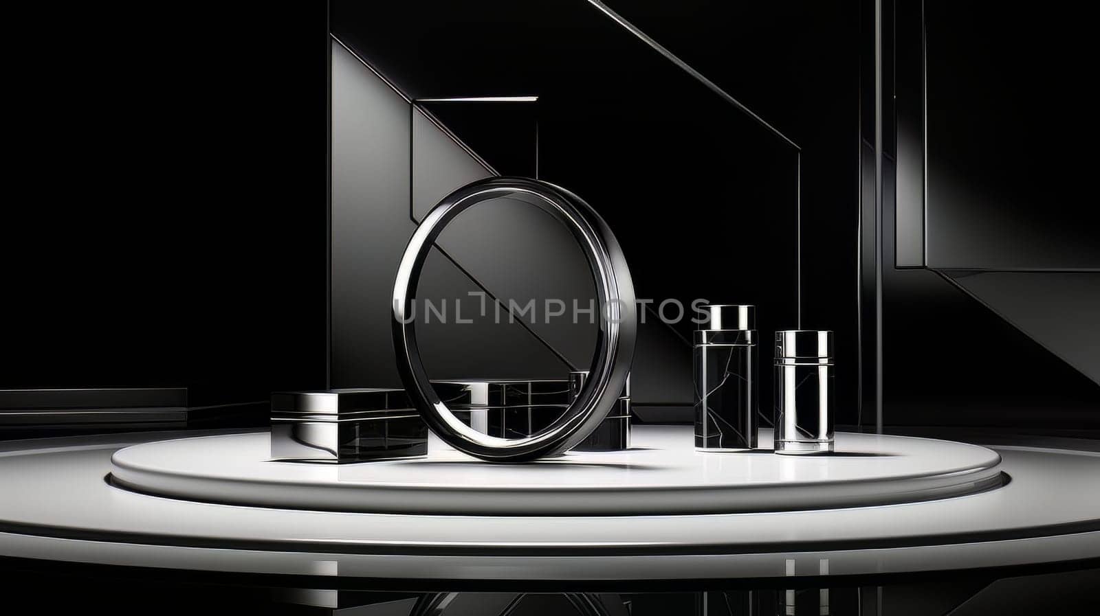 Black futuristic 3D Elegant Podium Stage. Abstract geometric minimalist 3D scene with podium, copy space or space for product presentation. generative AI.