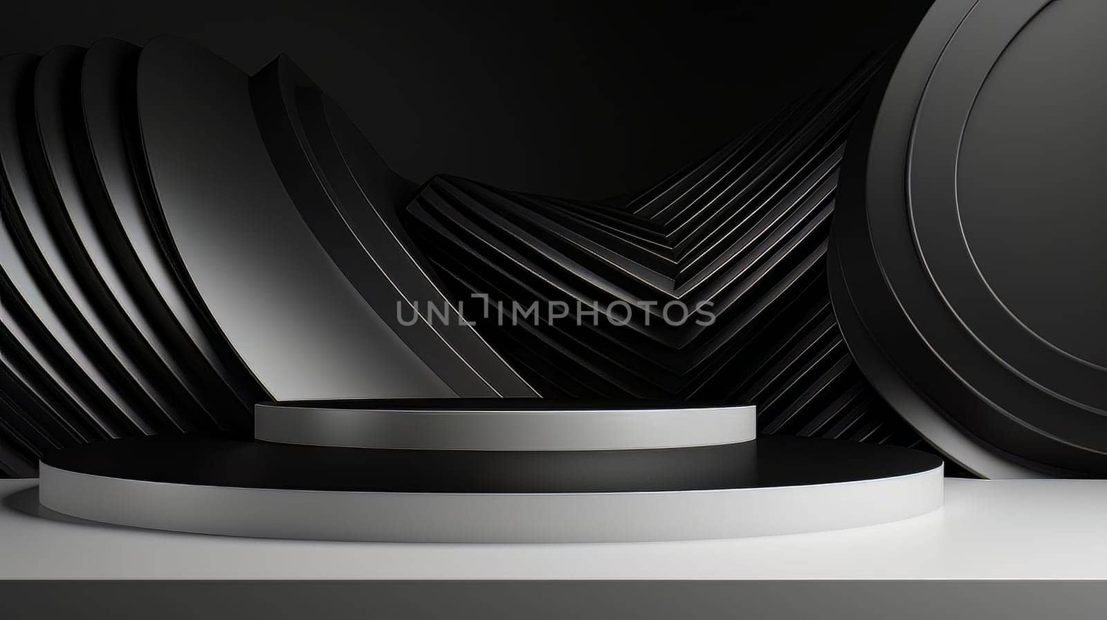 Black futuristic 3D Elegant Podium Stage. Abstract geometric minimalist 3D scene with podium, copy space or space for product presentation. generative AI.